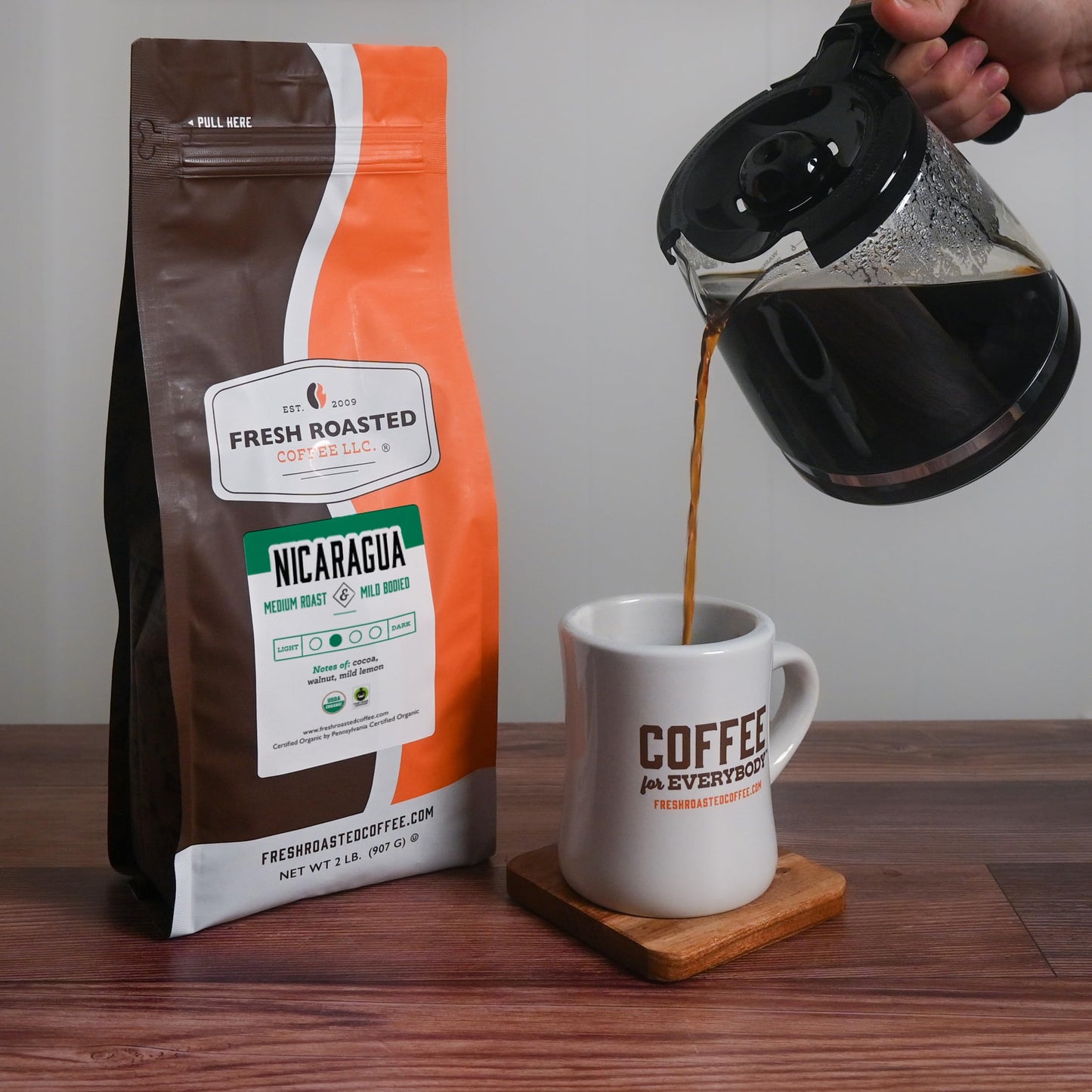 Fresh Roasted Coffee, Fair Trade Organic Nicaragua, 2 Lb (32 Oz), Medium Roast, Kosher, Whole Bean