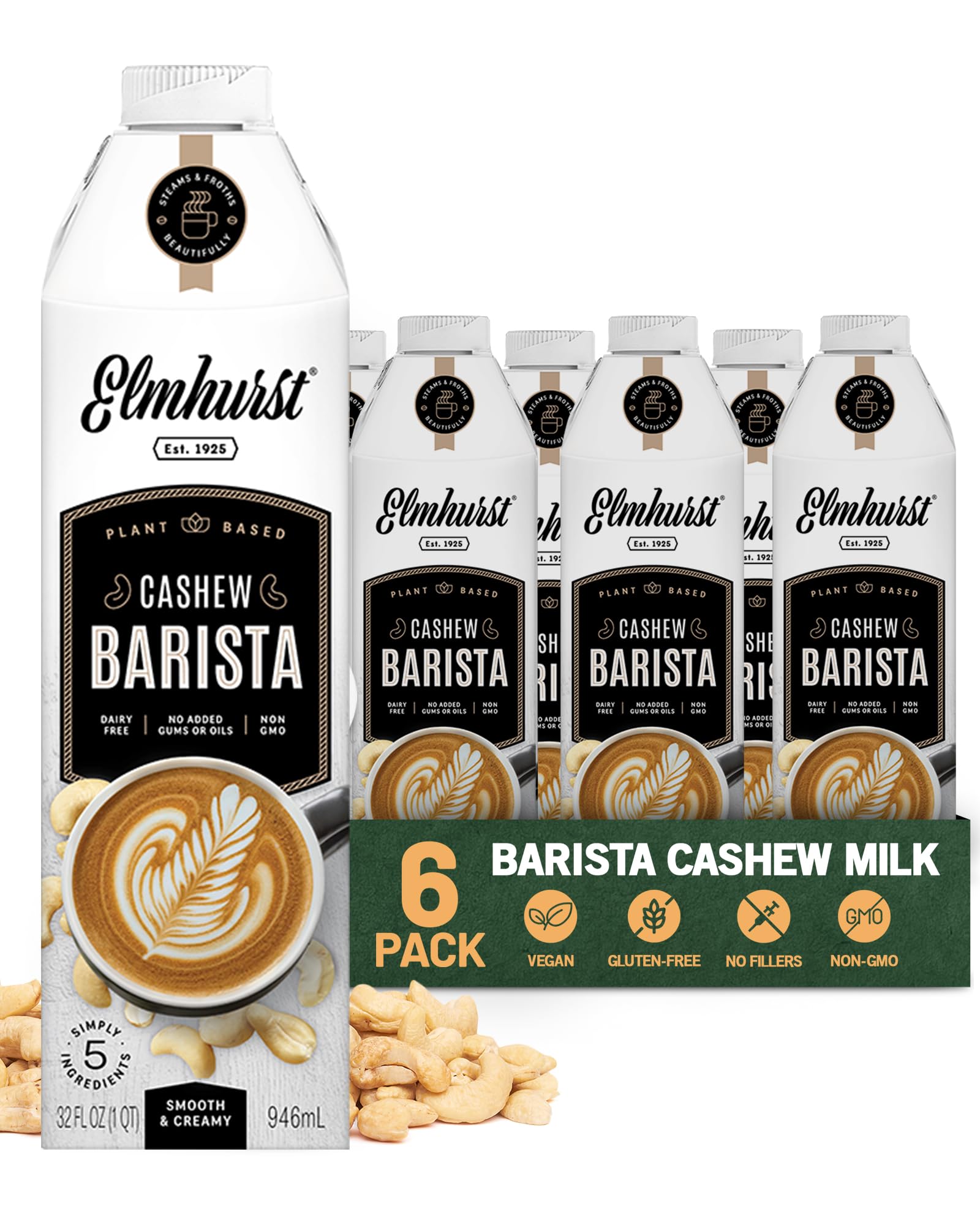 Elmhurst 1925 Cashew Milk Barista Edition - 32oz (6-Pack) Plant-Based, Vegan, Dairy-Free, Kosher, Gluten-Free, Non-GMO, Froths f
