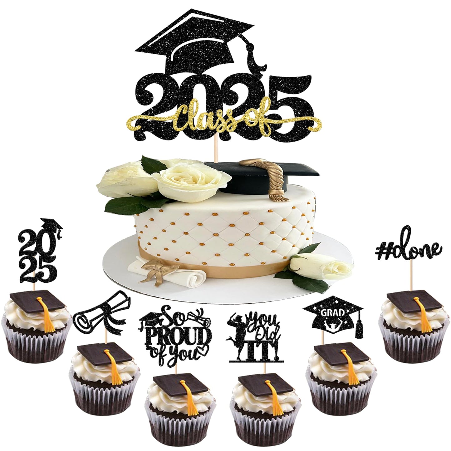 YCTHUNFISH Graduation Cupcake Toppers, 25 Pack, Gold, Paper, Grad Cap Design, 2025 Theme Party Decorations