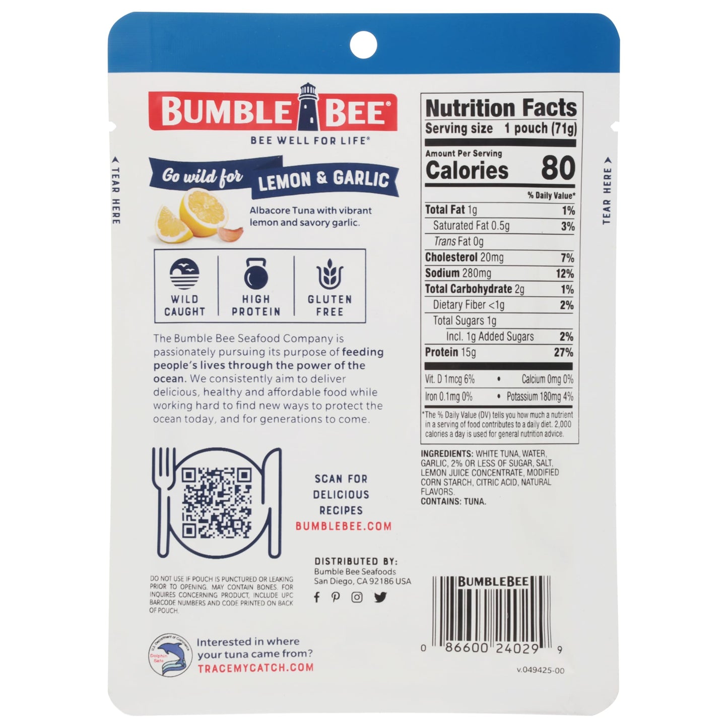 Bumble Bee Albacore Tuna Pouch, Lemon & Garlic, 2.5 oz, Wild Caught, 15g Protein, Non-GMO, Gluten Free