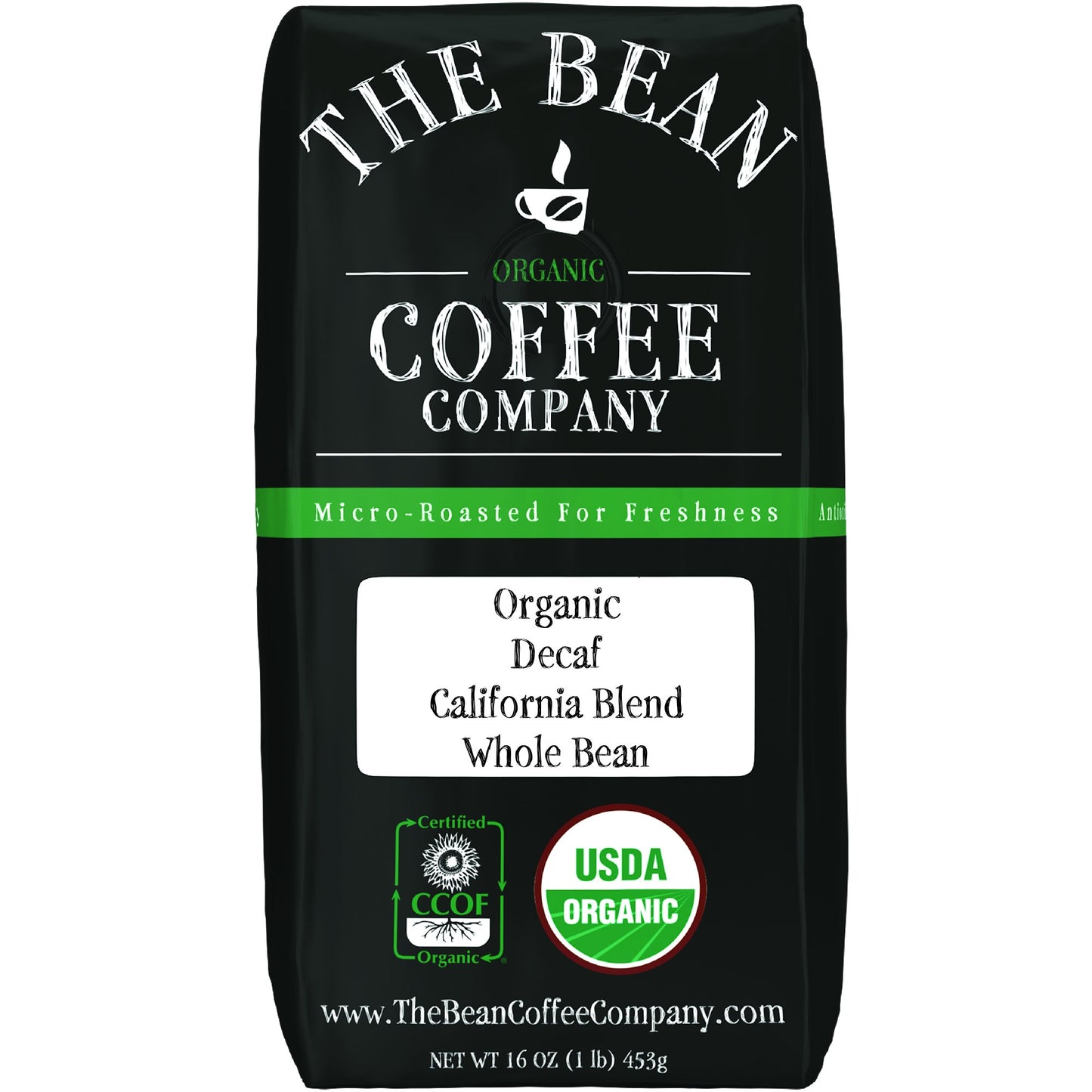 The Bean Organic Coffee Company Water Processed DECAF California Blend, Medium Roast, Whole Bean Coffee, 16-Ounce Bag