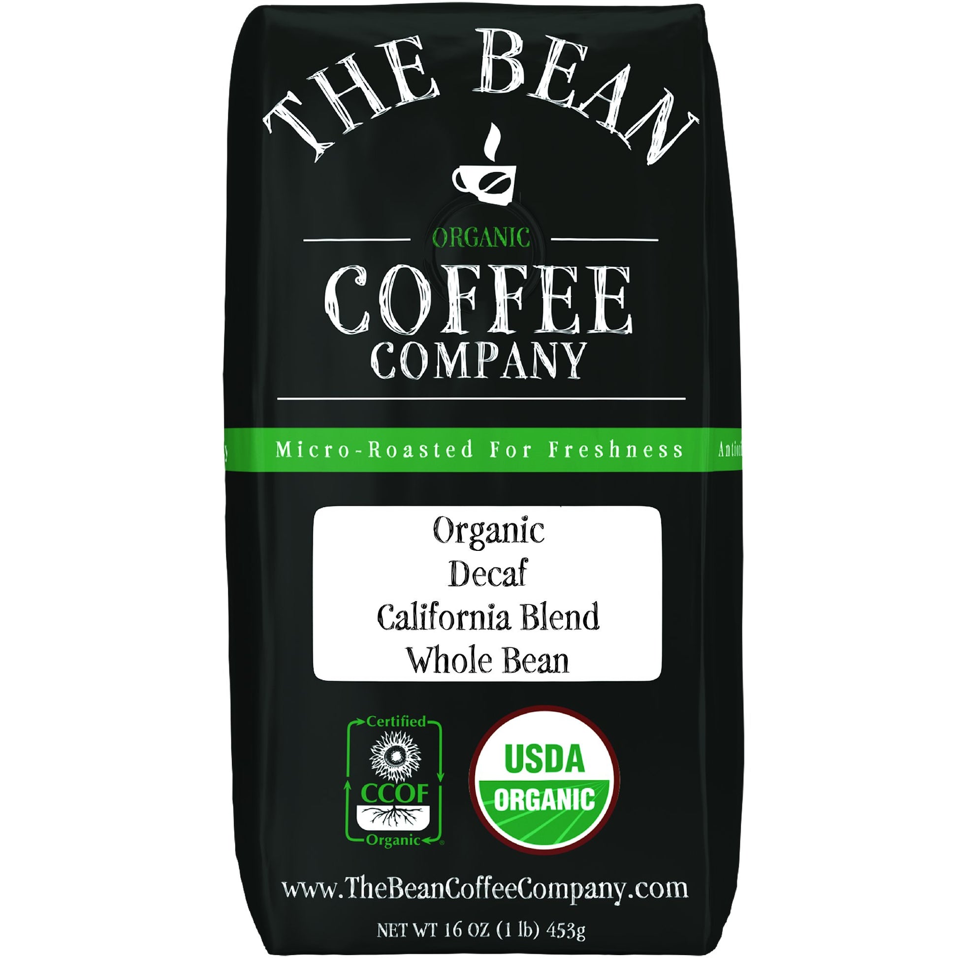 The Bean Organic Coffee Company Water Processed DECAF California Blend, Medium Roast, Whole Bean Coffee, 16-Ounce Bag