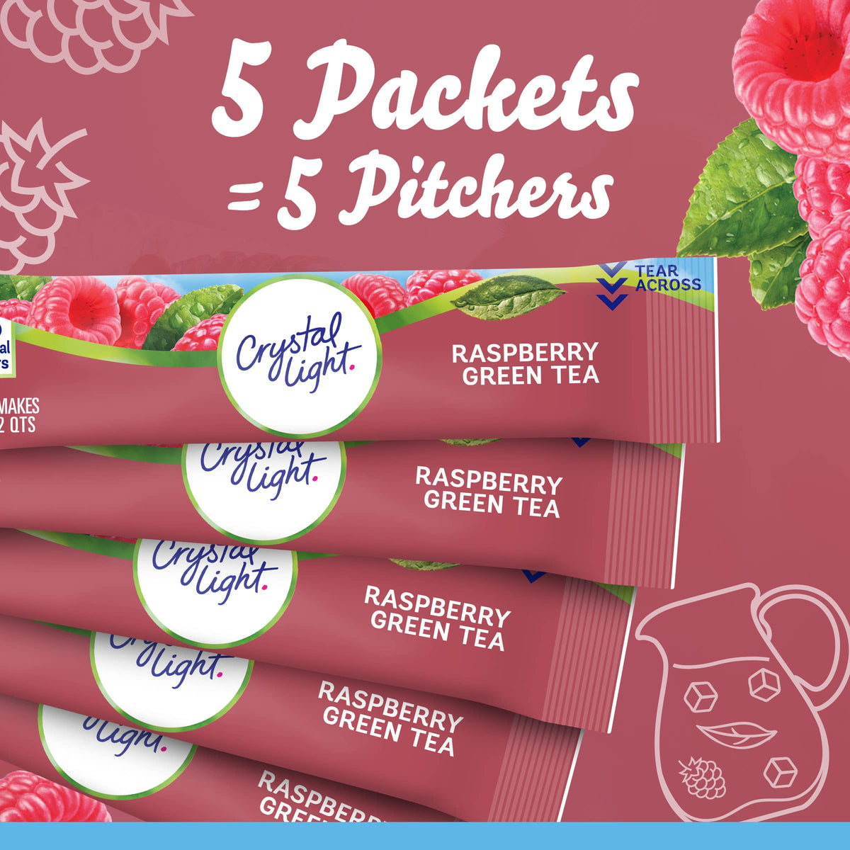 Crystal Light Sugar-Free Raspberry Green Tea Naturally Flavored Powdered Drink Mix 60 Count Pitcher Packets 5 Count (Pack of 12)