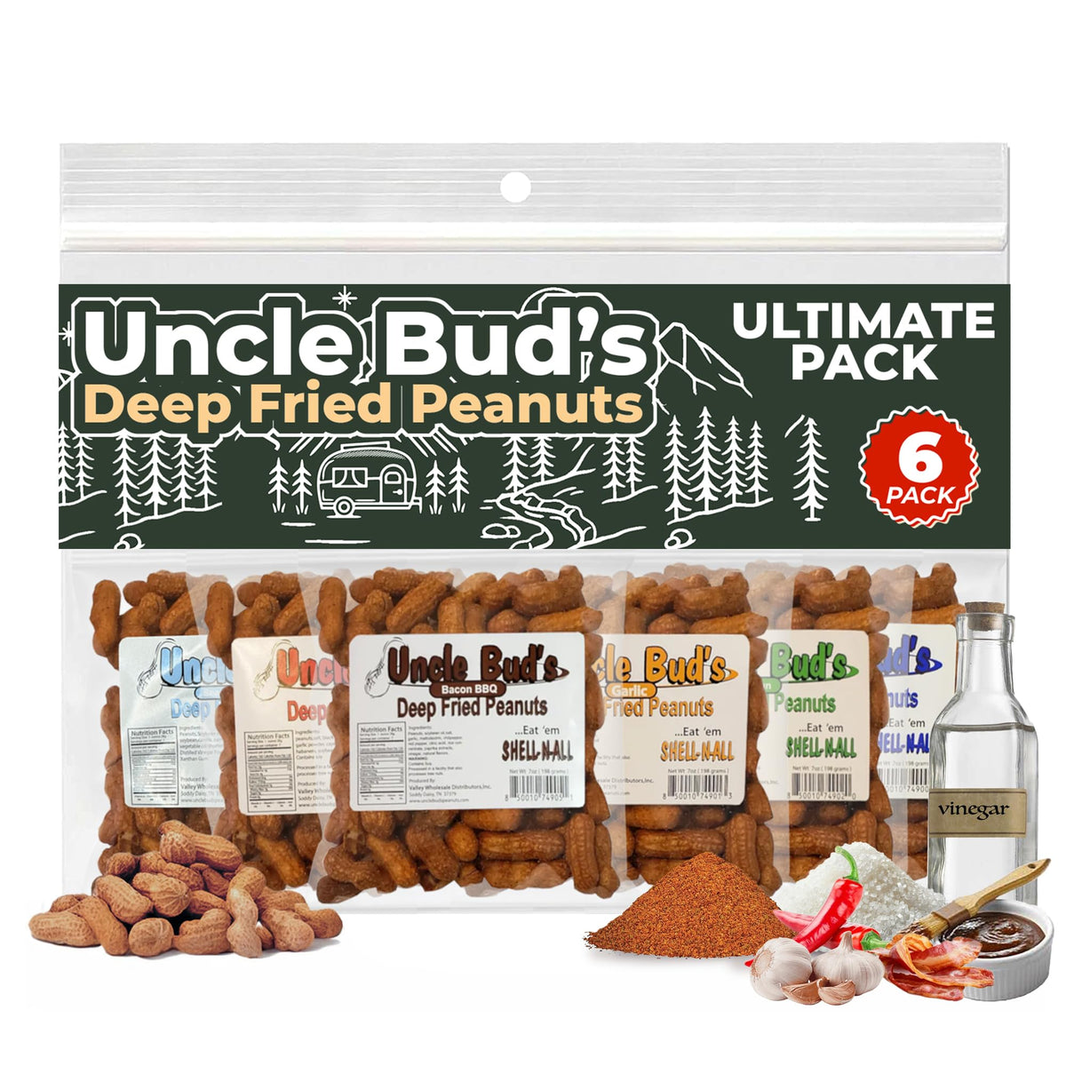 Jerky-n-Spice Uncle Buds Deep Fried Peanuts in Shell, Flavored Mixed Nuts, 42 Ounce, Includes Cajun, Salt & Vinegar, Spicy Peanuts
