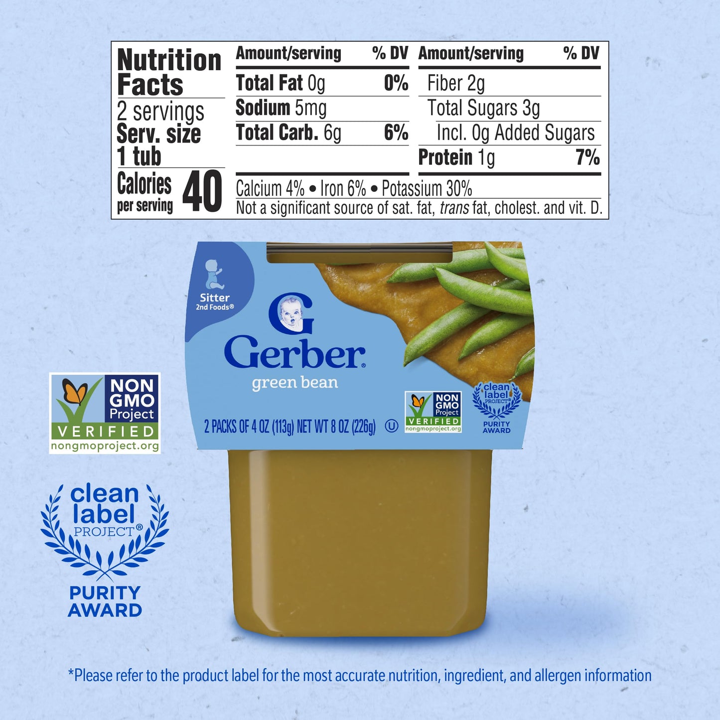 Gerber 2Nd Food Baby Food Green Bean Puree, Natural & Non-Gmo, 8 Ounce, 2 Count (Pack Of 8)