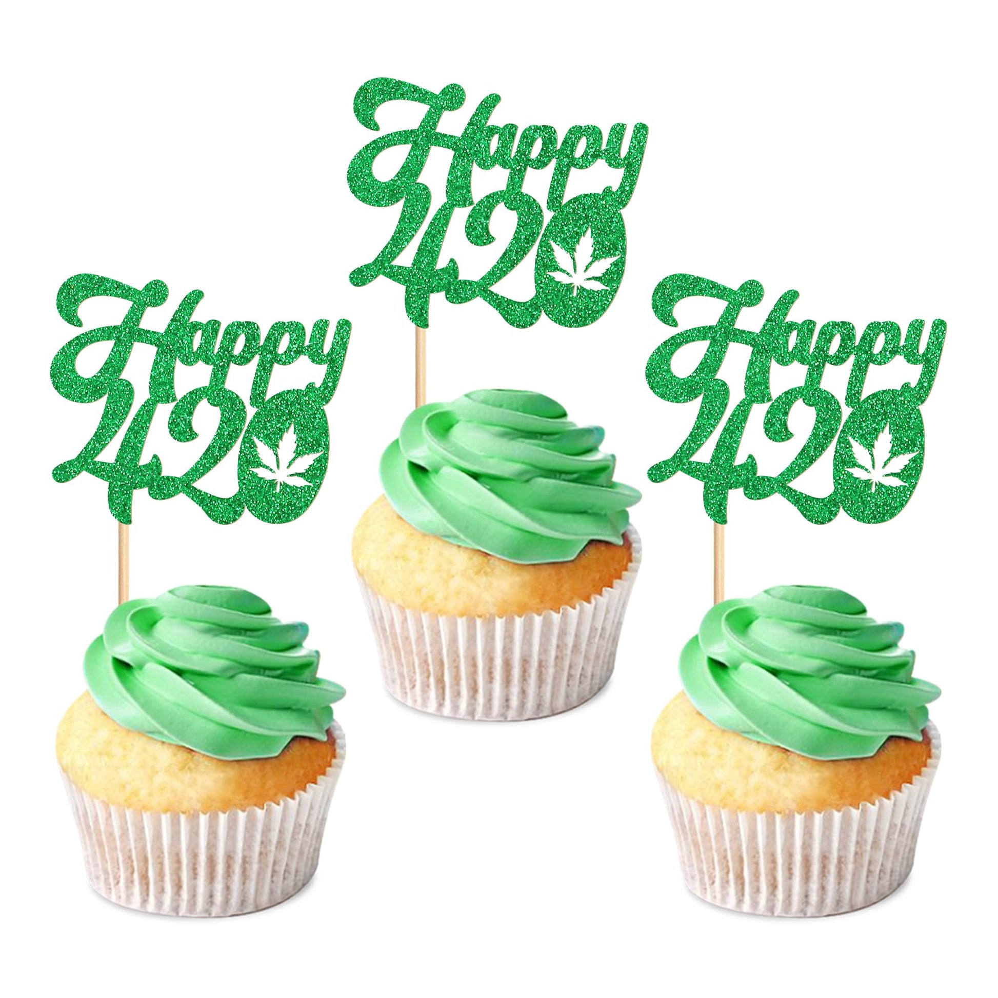 Ercadio 24 Pcs Cupcake Toppers Green Glitter Birthday Party Decorations for Men Women 420 Theme