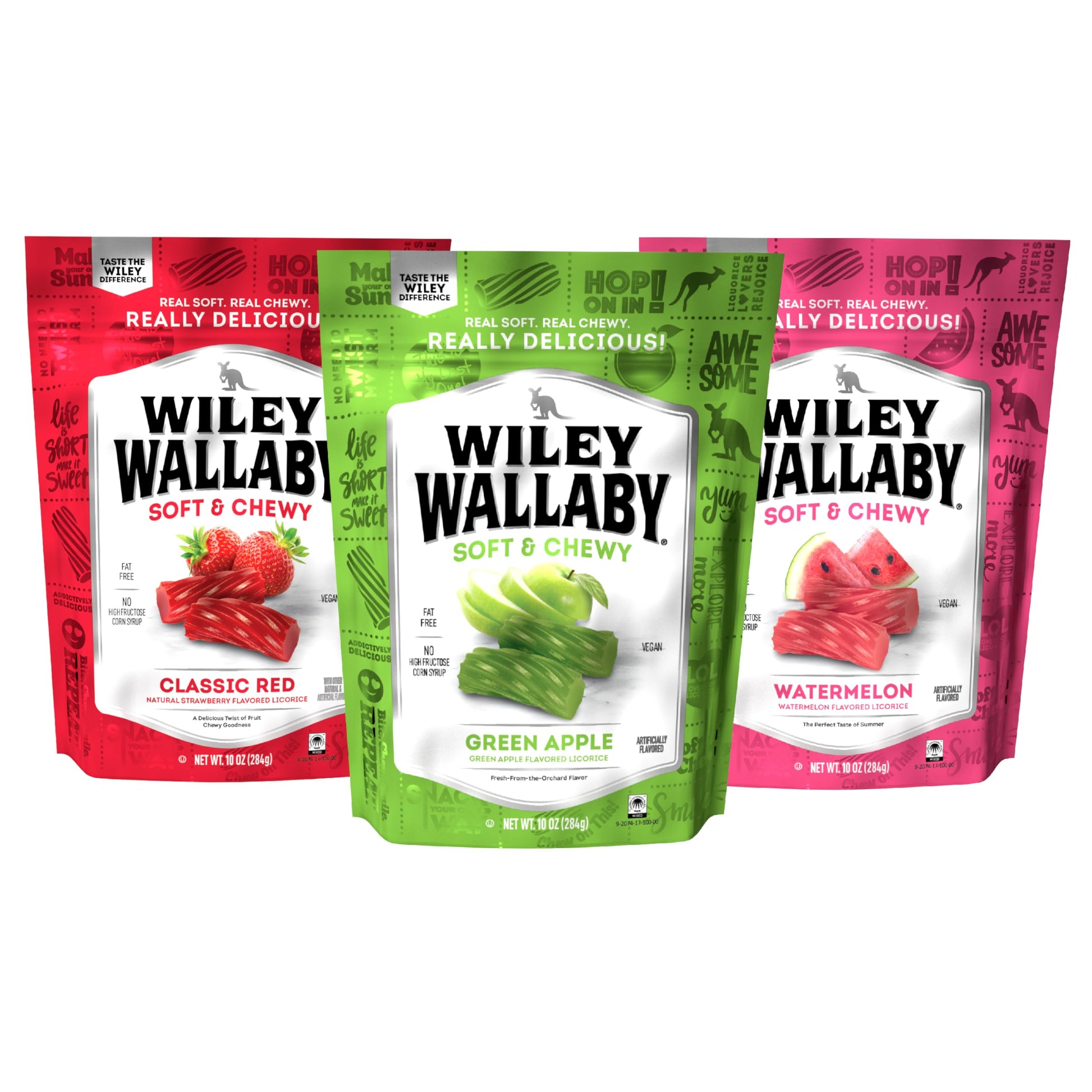 Wiley Wallaby Licorice 10 Ounce Variety Pack - Red, Watermelon & Green Apple Classic Gourmet Australian Style Soft & Chewy Licor