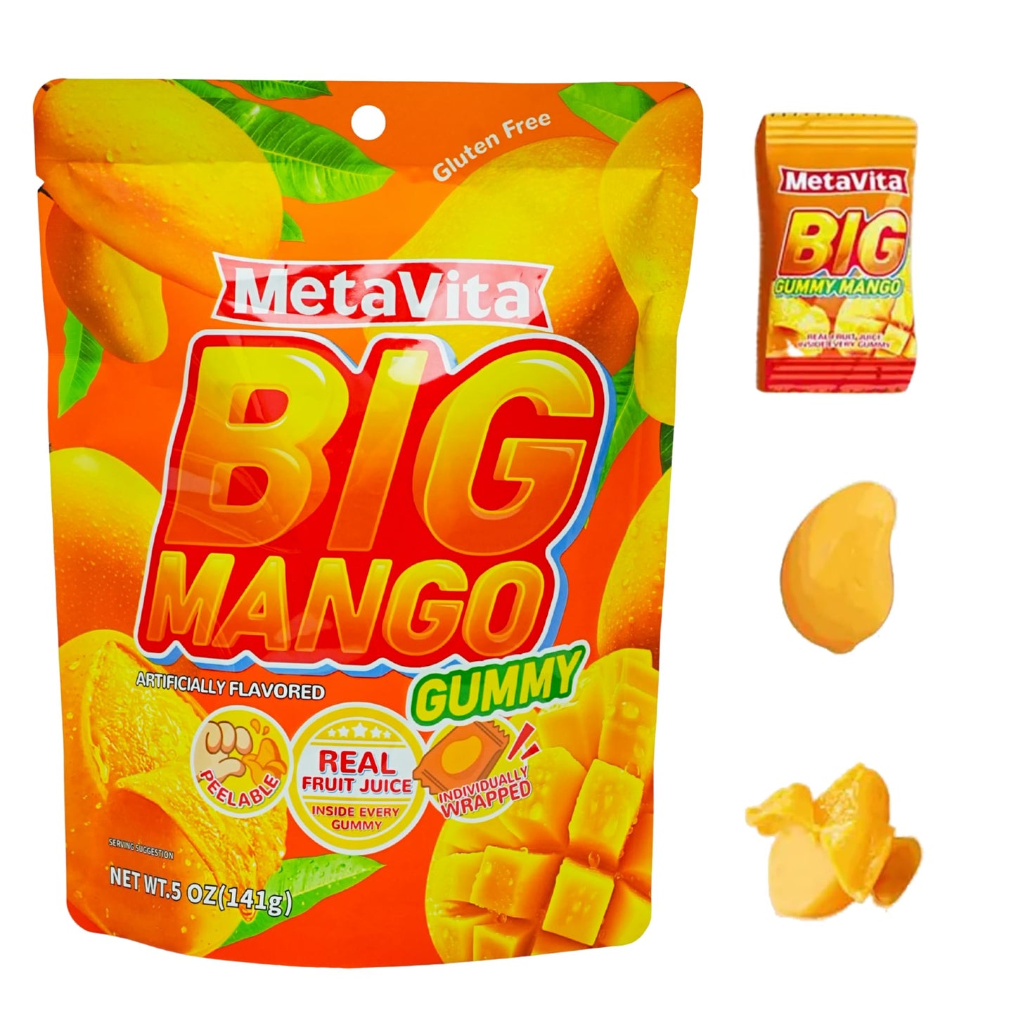 Luckycare MetaVita Big Mango Gummy Candy - Chewy, Gluten-Free, 5oz (1 Pack)