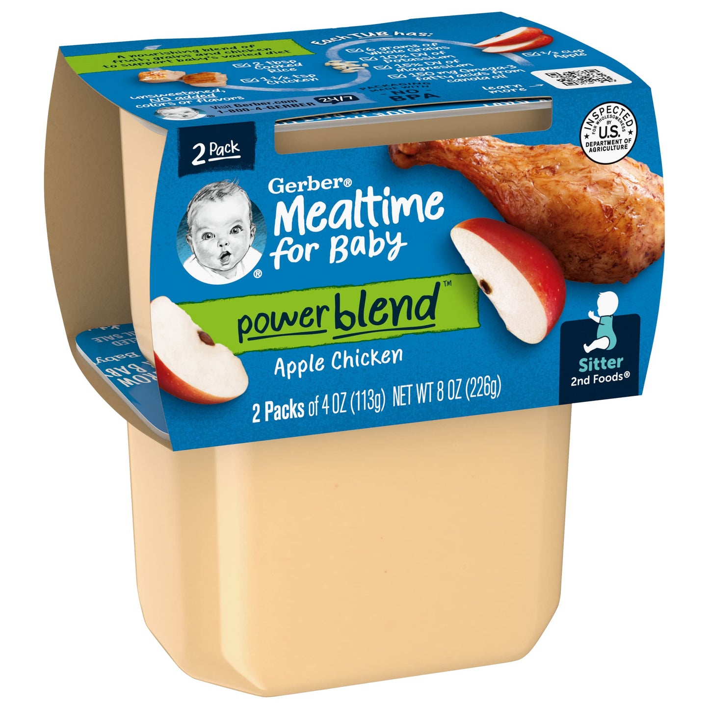 Gerber Mealtime For Baby 2Nd Foods Powerblend Baby Food Tubs, Apple Chicken, Unsweetened With No Added Colors Or Flavors, 2-4 Oz Tubs/Pack (Pack Of 8)