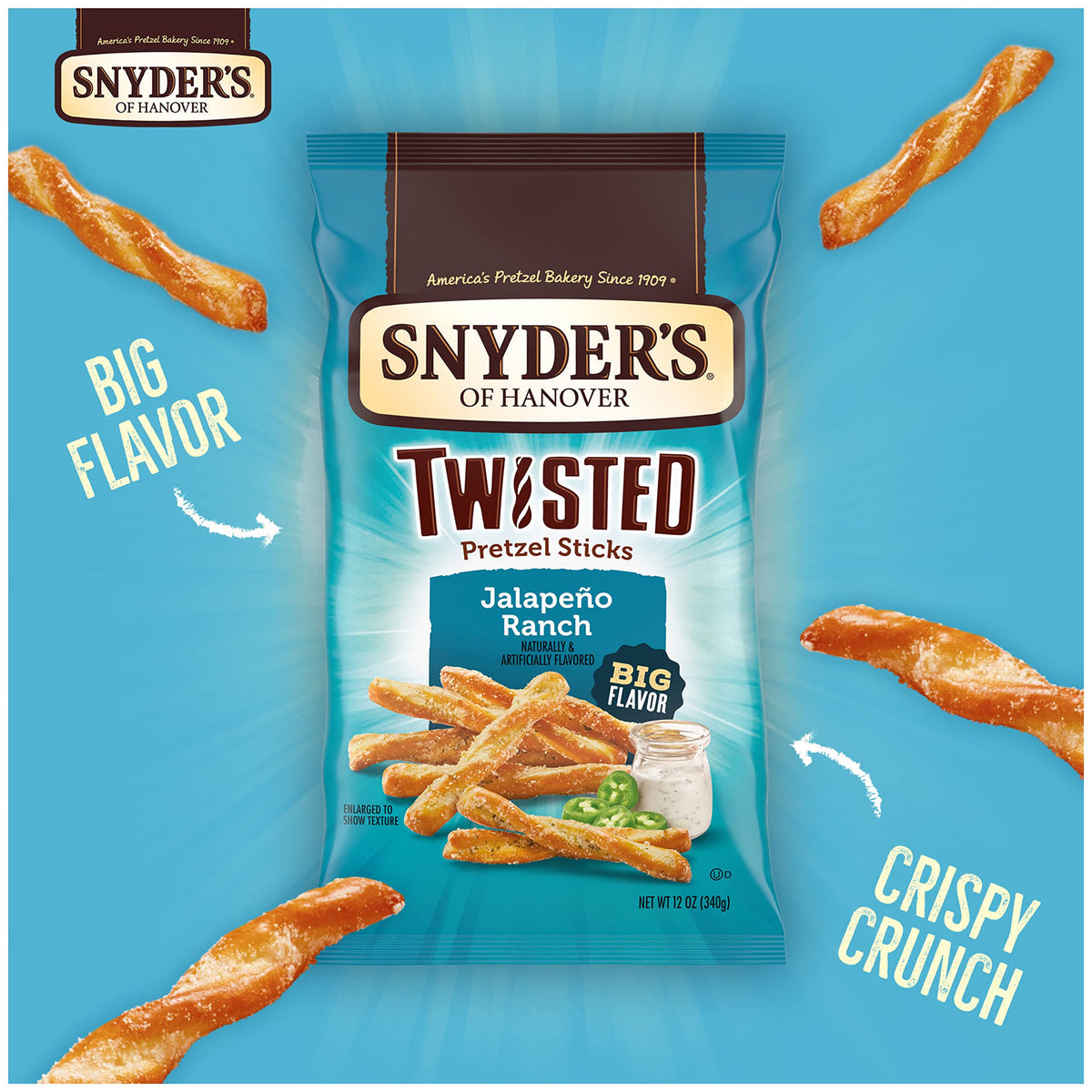 Snyder'S Of Hanover, Jalapeno Ranch Twisted Pretzel Sticks, 12 Oz Bag