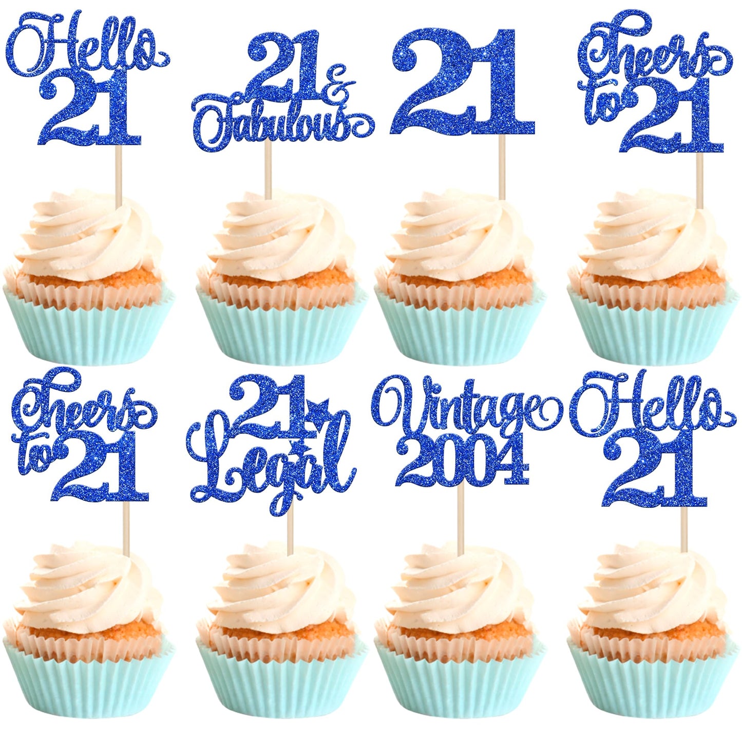 Rsstarxi 24 Pack Cupcake Toppers Glitter Blue - Twenty One Cheers to 21 Years Cake Decorations for 21st Birthday Party Supplies