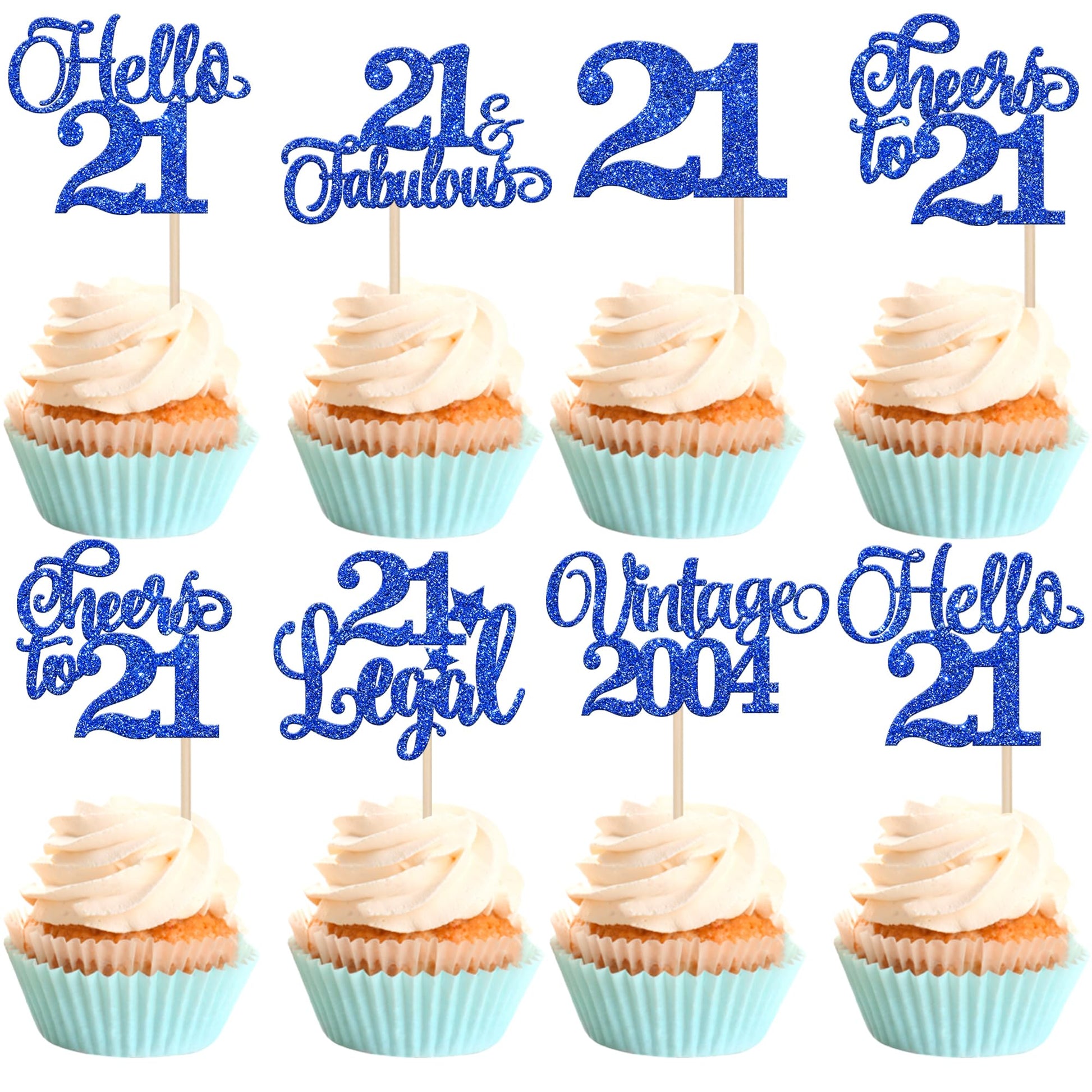 Rsstarxi 24 Pack Cupcake Toppers Glitter Blue - Twenty One Cheers to 21 Years Cake Decorations for 21st Birthday Party Supplies