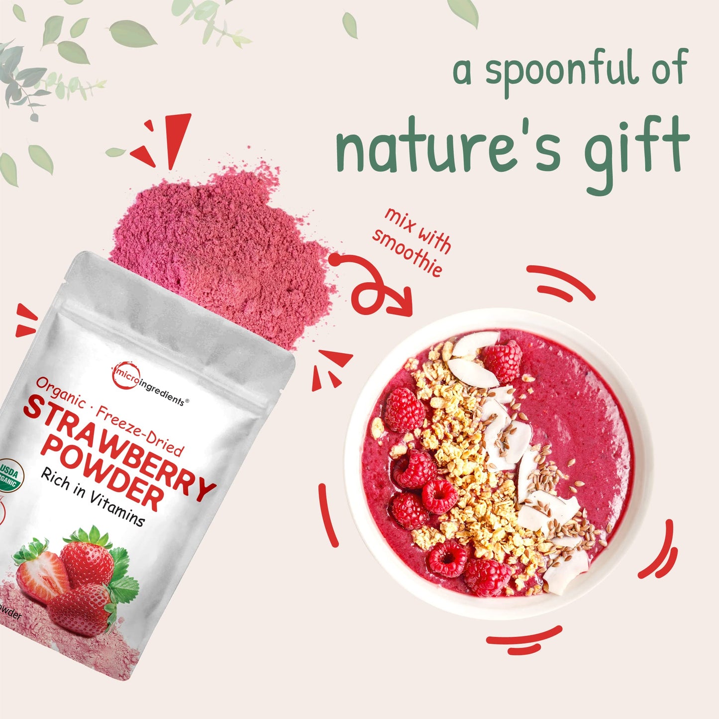Organic Strawberry Powder, 1 Lb | 100% Natural Fruit Powder | Freeze-Dried Strawberries Source | No Sugar & Additives | Great Fl