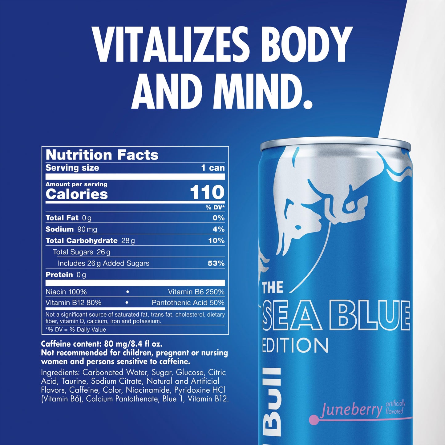 Red Bull Energy Drink, Sea Blue Edition, Juneberry, 80mg Caffeine, 8.4 Fl Oz, Pack of 4 Cans, Model RB242558