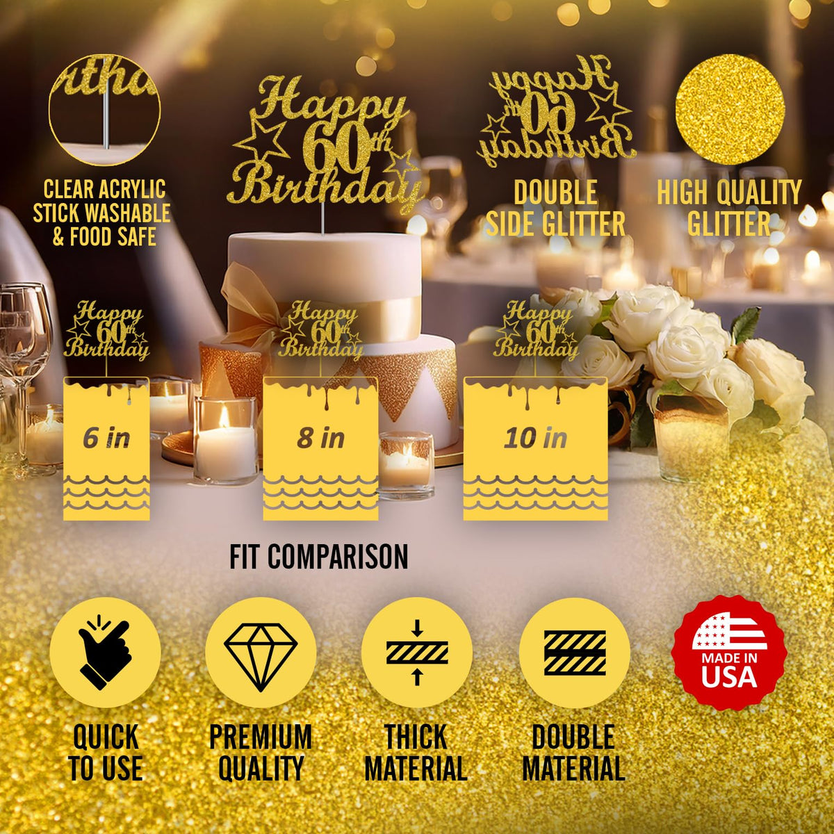 RokAPary 60th Birthday Cake Topper, Gold Glitter, Sturdy Acrylic, Double-Sided Decoration