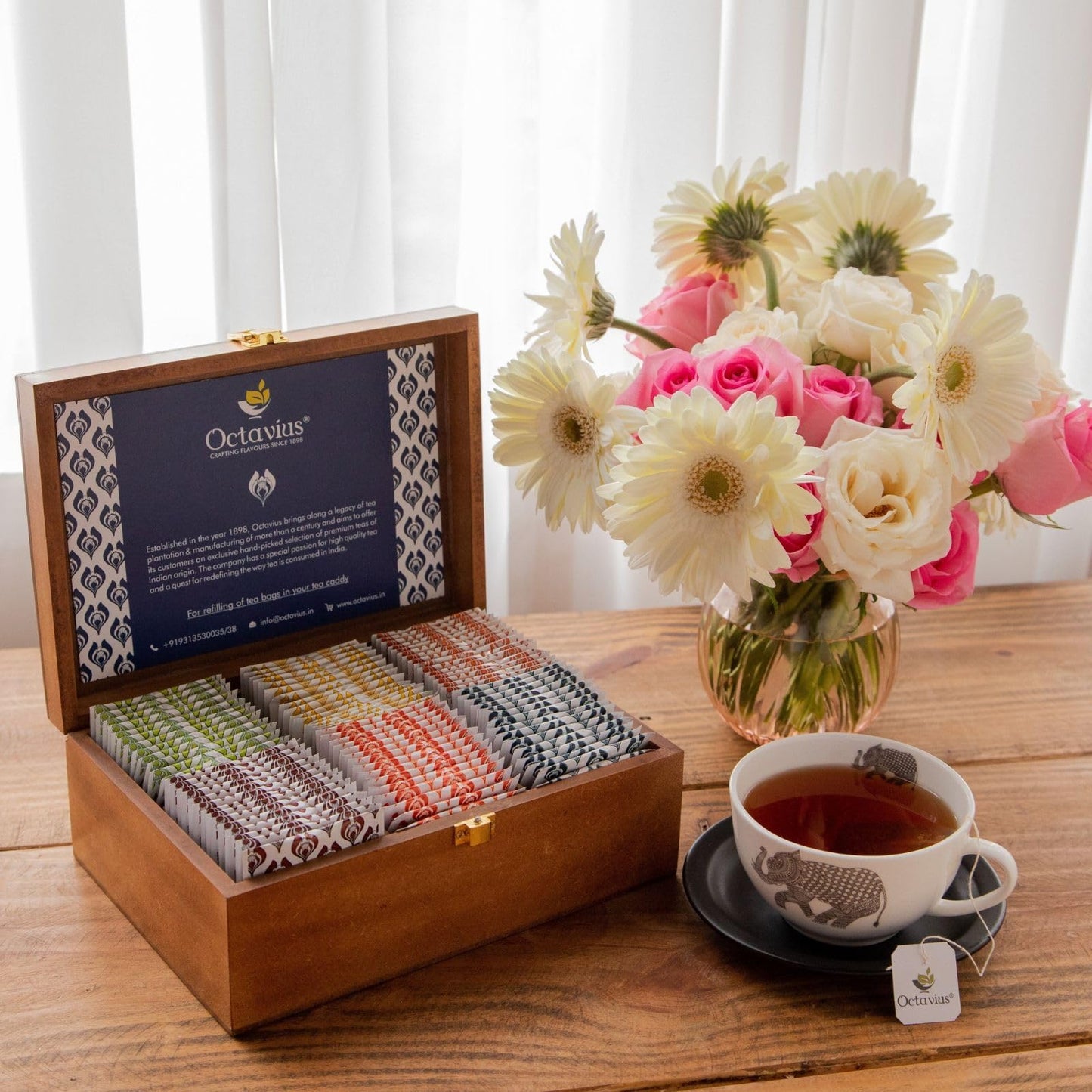 Octavius Gifts Select - Assorted Tea In Multi Design Printed Wooden Box | 6 Flavors, 90 Tea Bags | Black & Green Tea | Tea Gifts For Women & Men | Tea Variety Pack