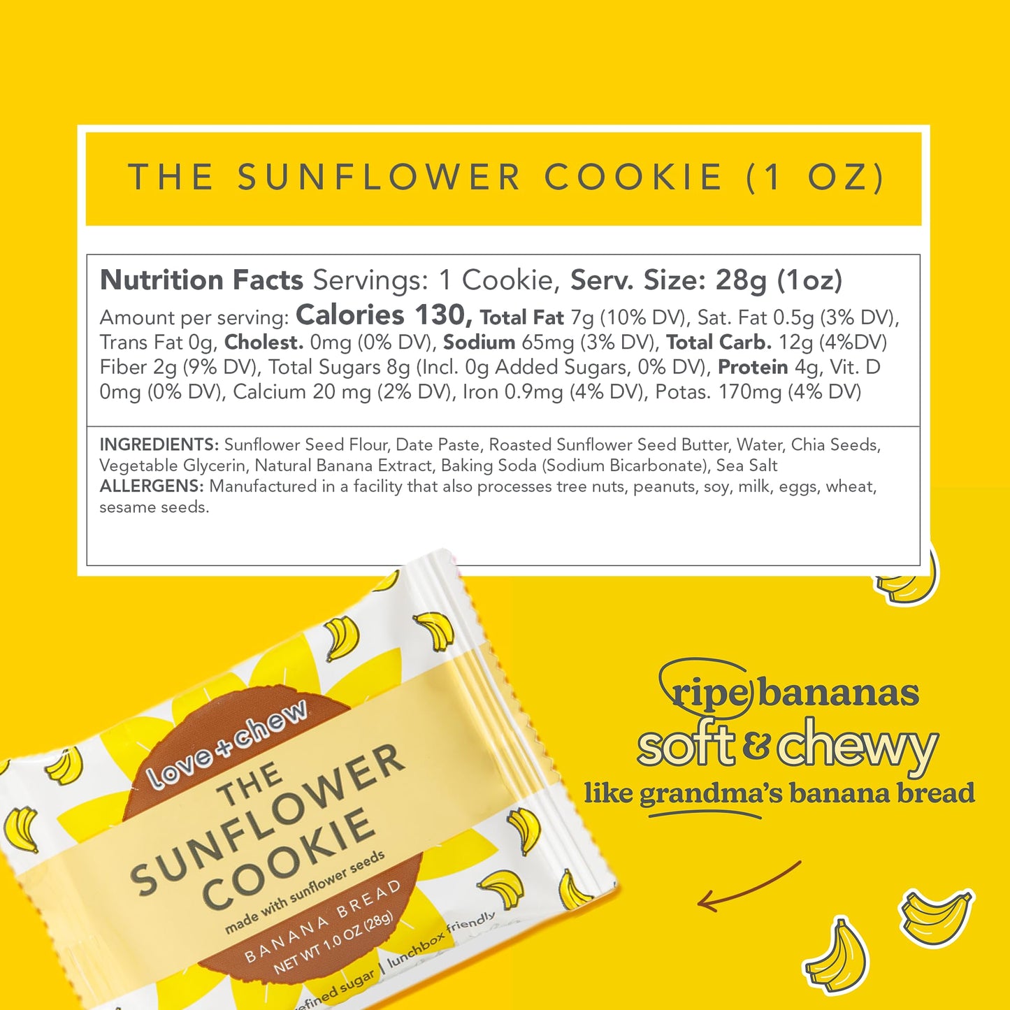 Love + Chew Soft Baked Protein Cookies, Gluten Free | (18) Count Sunflower Banana Bread Minis | Vegan, Paleo, Non GMO and Packed