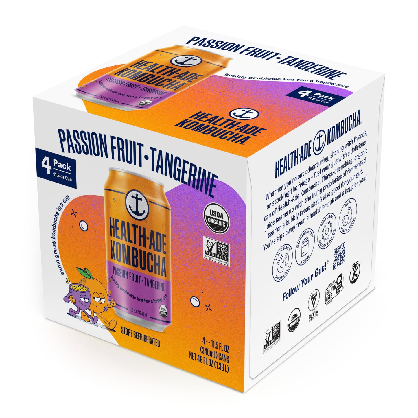 Health-Ade Organic Passion Fruit Tangerine Kombucha Can 11.5OZ 4-Pack, 46OZ