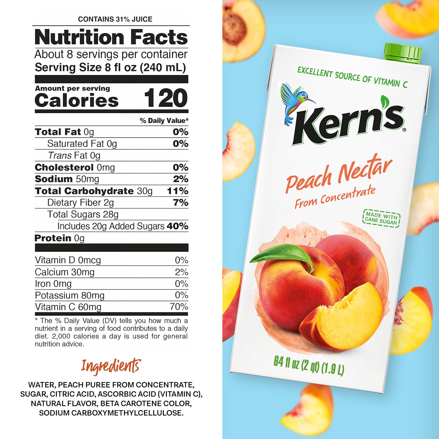 Kerns Peach Juice Nectar - Peach Nectar Made with Fresh Fruit Puree - Fruit Juice Concentrate for Smoothie Mix  Cocktail Mixers & Kids Drinks & Beverages - 64oz  8 Pack Carton