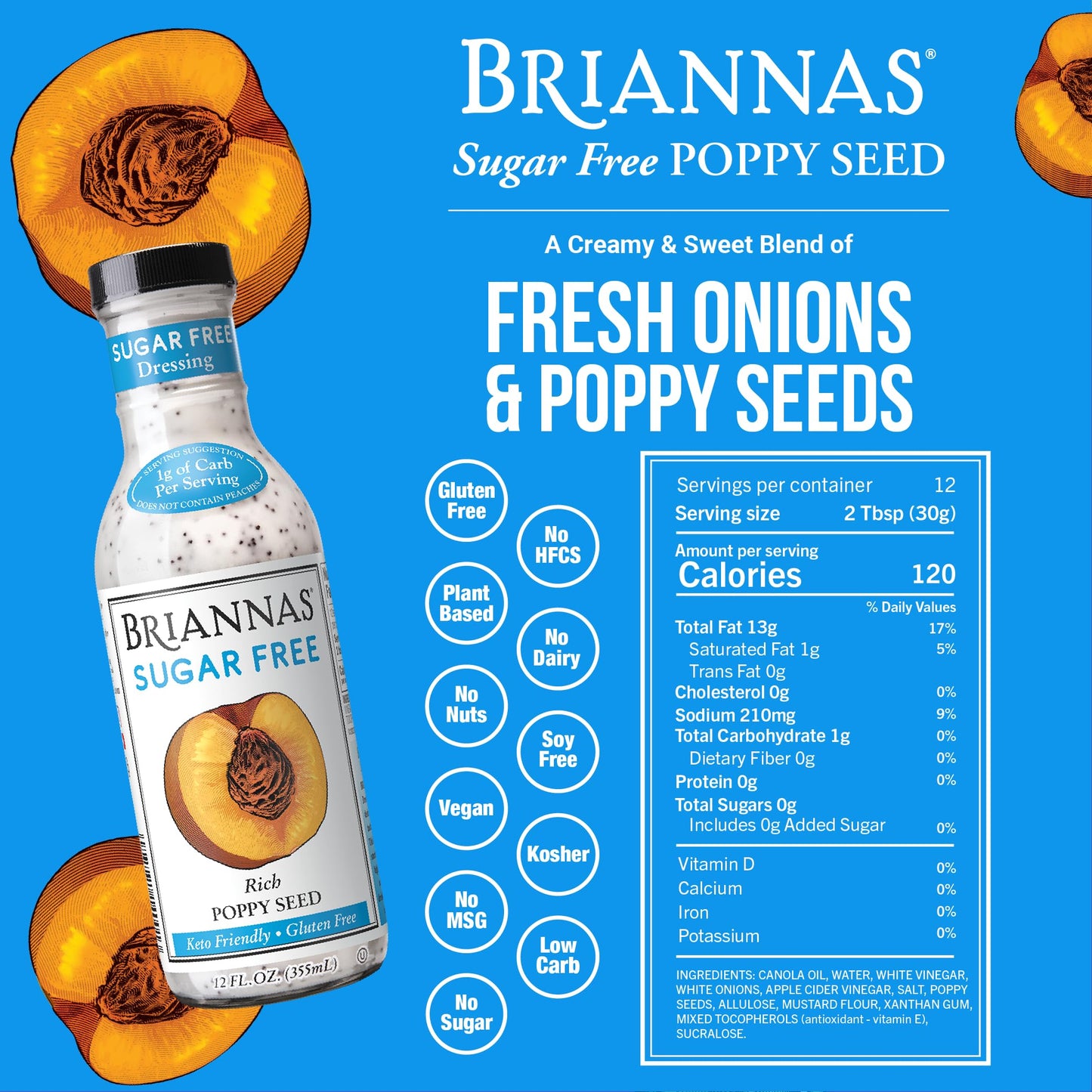 Briannas Sugar Free Rich Poppy Seed Dressing & Blush Wine Vinaigrette, 12 oz. Bottles, Gluten Free, Kosher, Pack of 3