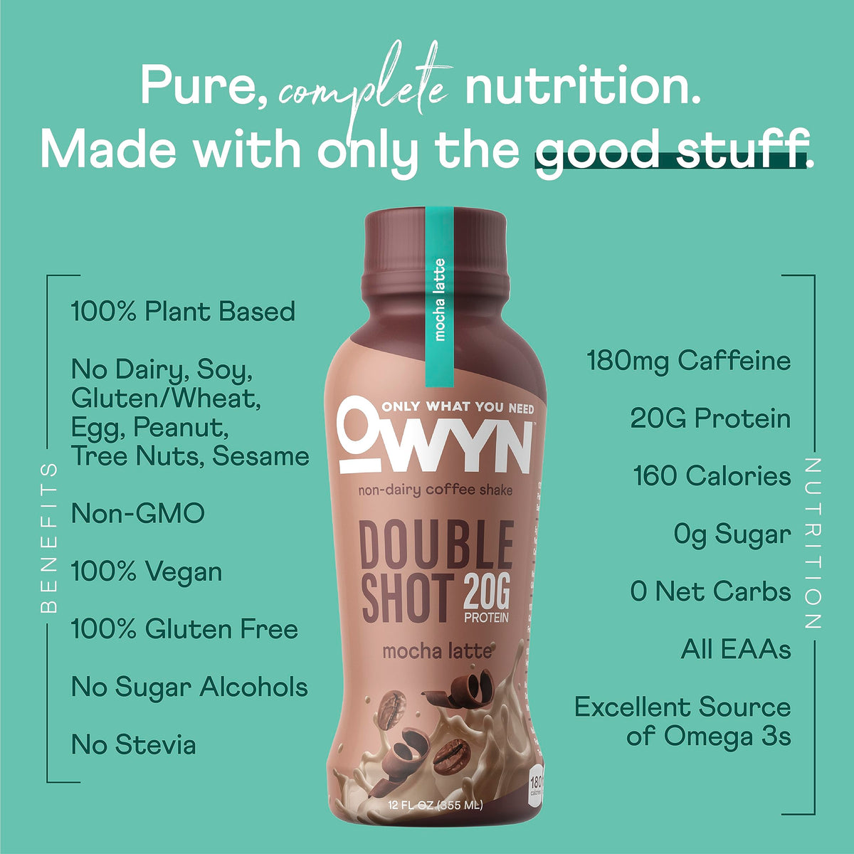 OWYN Double Shot Protein Coffee Shake, Dairy Free, Mocha, 0g Sugar, 20g Protein, 180mg Caffeine, 12 Fl Oz (Pack of 12)