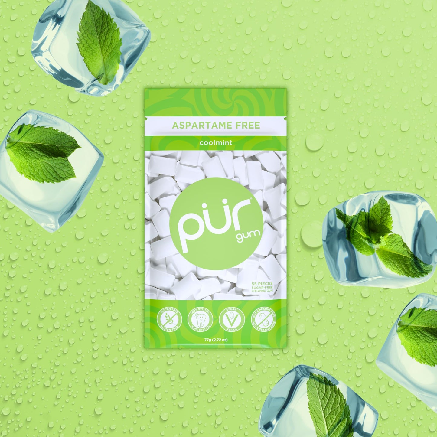 PUR Gum Aspartame Free Chewing Gum, 100% Xylitol, Sugar Free, Vegan, Coolmint, 55 Count (Pack of 3)