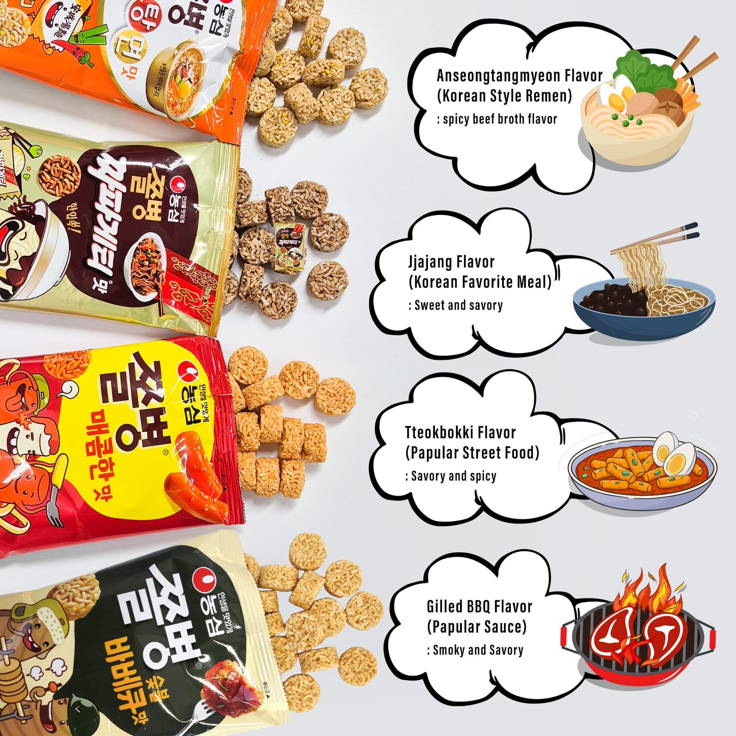Joayo Jjol Byeong Snack 4 Packs - Crushing Ramen Noodle Snack For School, Office, Kids, Adults/Hot(82G), Chapagetti(77G), Anseon