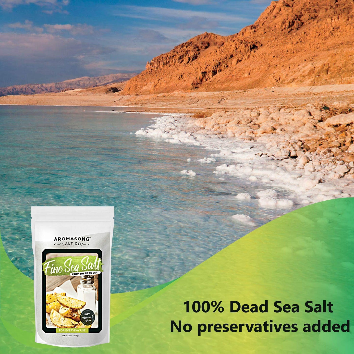 Aromasong 100% Natural Sea Salt From The Dead Sea, Fine Grain Table Salt, Large Bulk 2.43 Lb Resealable Bag, 100% Pure & Natural