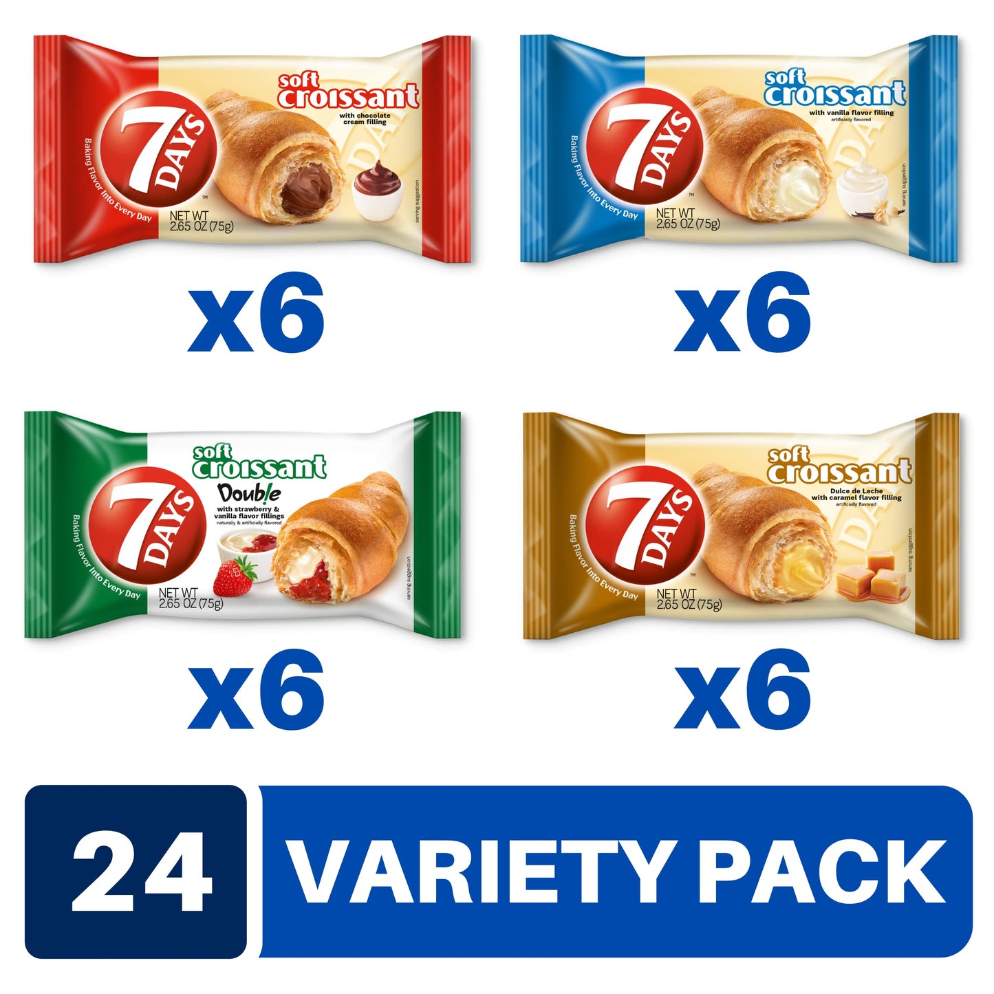 7Days Soft Croissant Variety Pack (24 Count), 6 Chocolate, 6 Vanilla, 6 Strawberry Vanilla, 6 Caramel, Breakfast Pastry, Individ