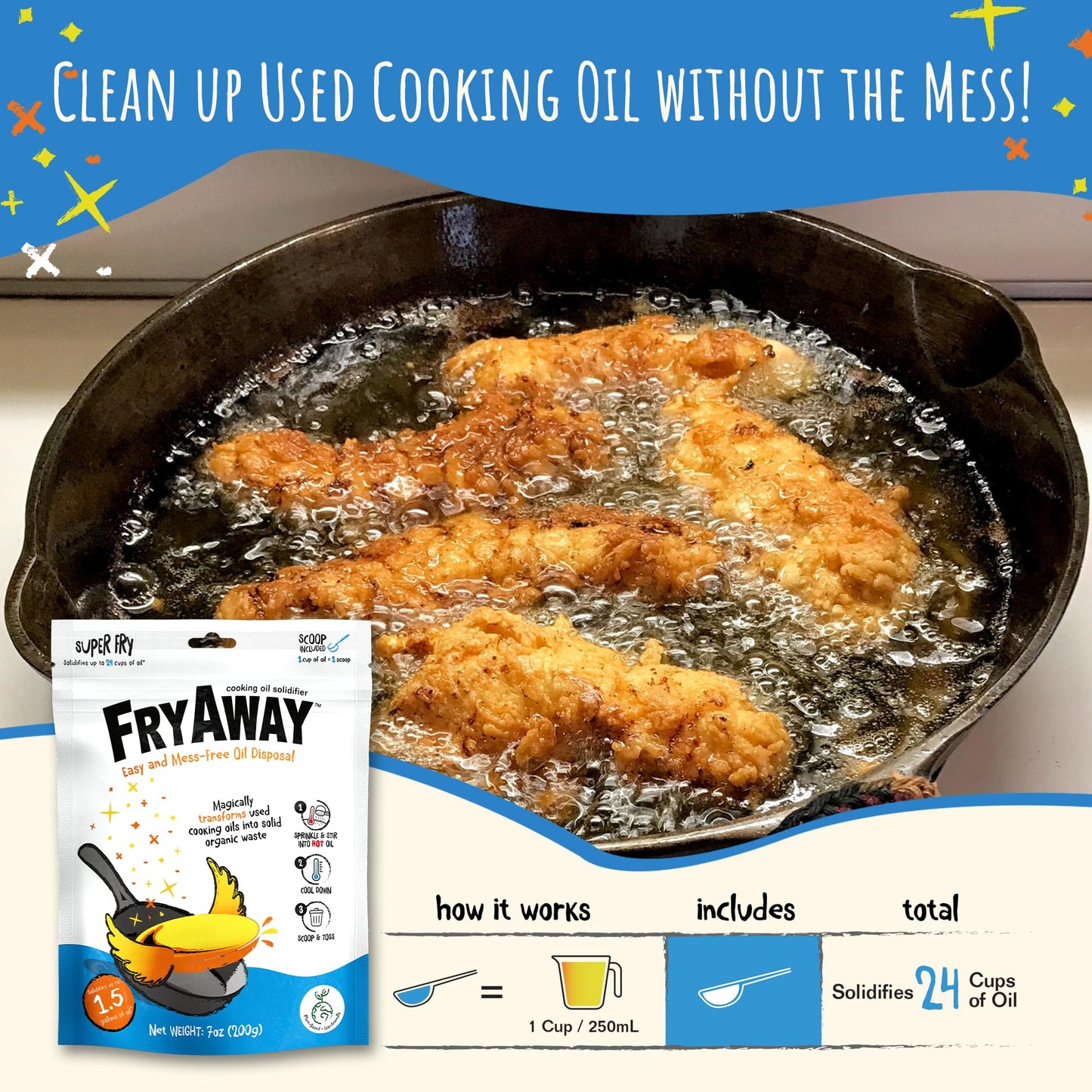 Fryaway Super Fry Cooking Oil Solidifier, Super Value 3-Pack - Solidifies 4.5 Gallons Cooking Oils - Plant-Based Powder - Fry Oi