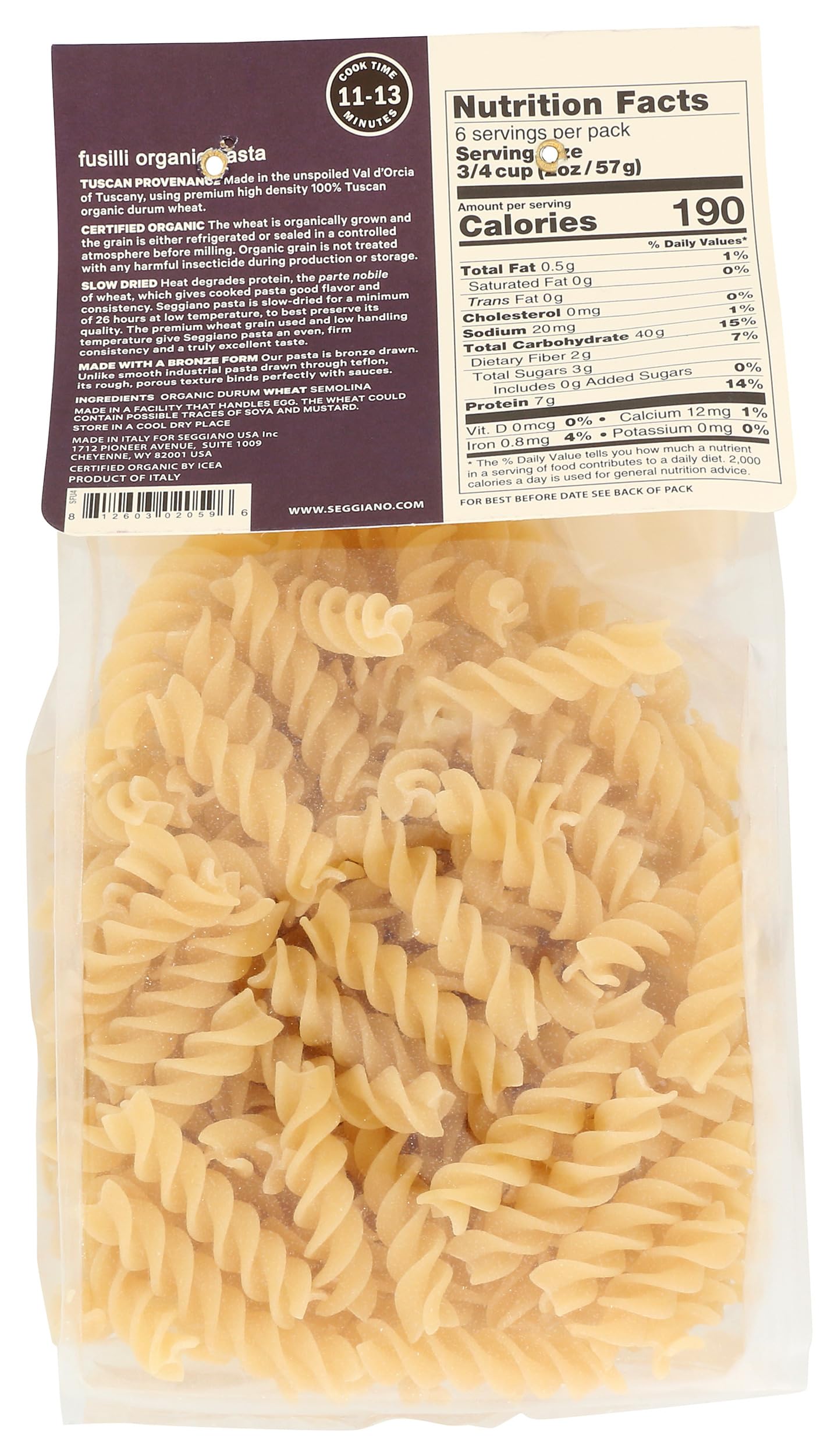 SEGGIANO Organic Fusilli Pasta  13.2 OZ