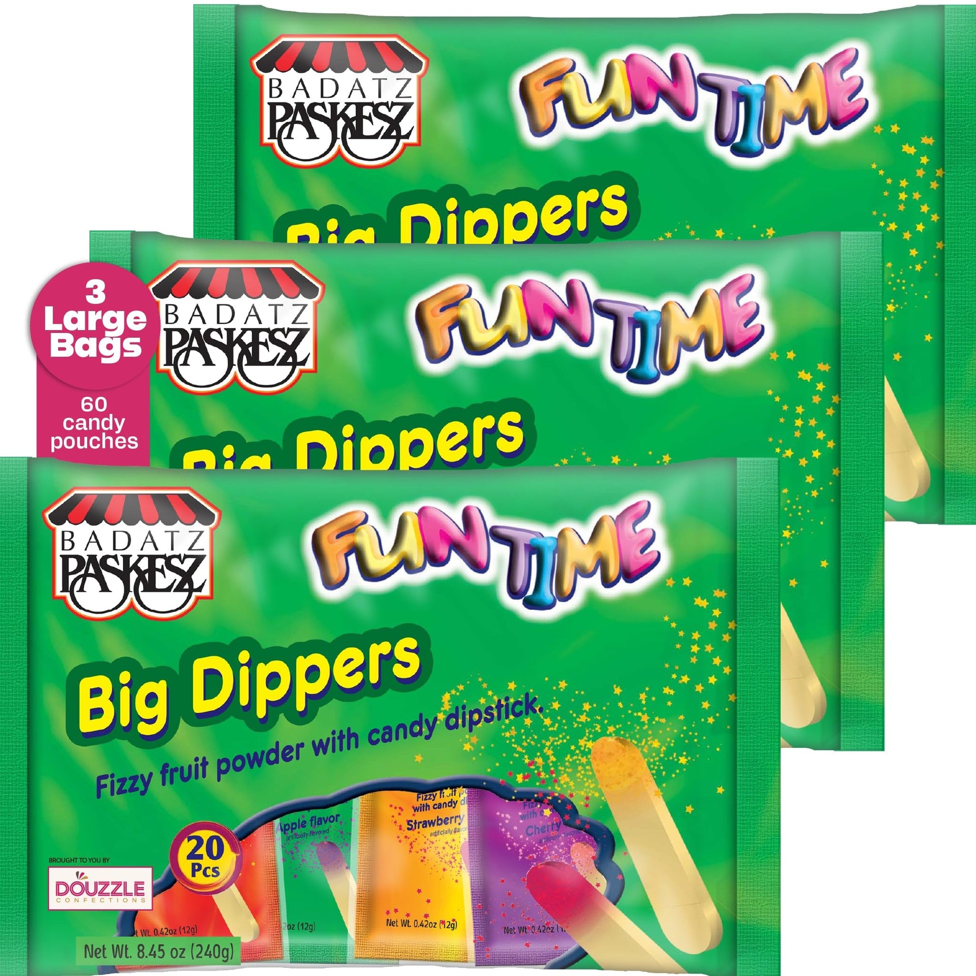 DOUzzle Back To School Fizzy Fruit Candy Powder with Candy Dipstick (20 Count, 3 Pack) Individually Wrapped, Party Favor, Goodie