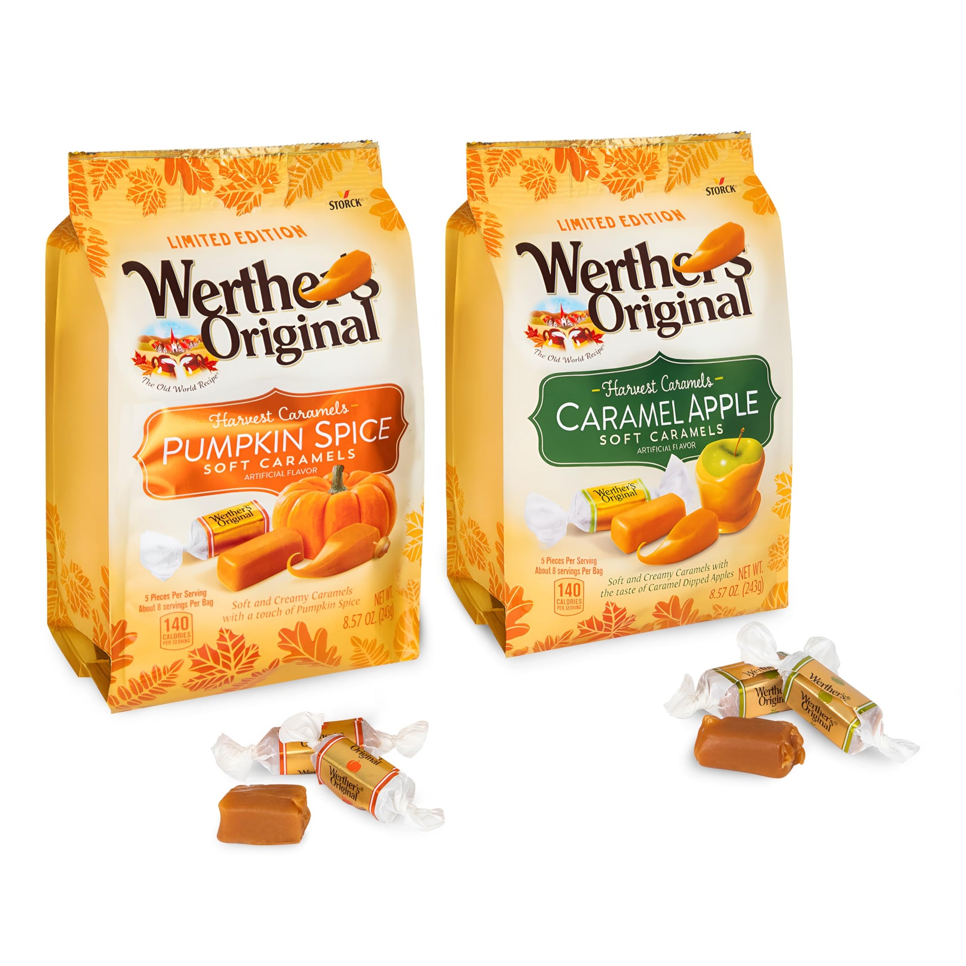 Treatizo - Caramel Apple & Pumpkin Spice Original Soft Caramels Individually Wrapped Sharable Fall Flavored Candies  8.57 ounce Bags  Pack of 2