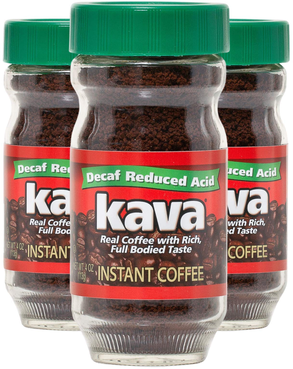 Kava Instant Coffee, Decaf Acid Reduced, 4 Ounce Jar, Pack of 3, Green
