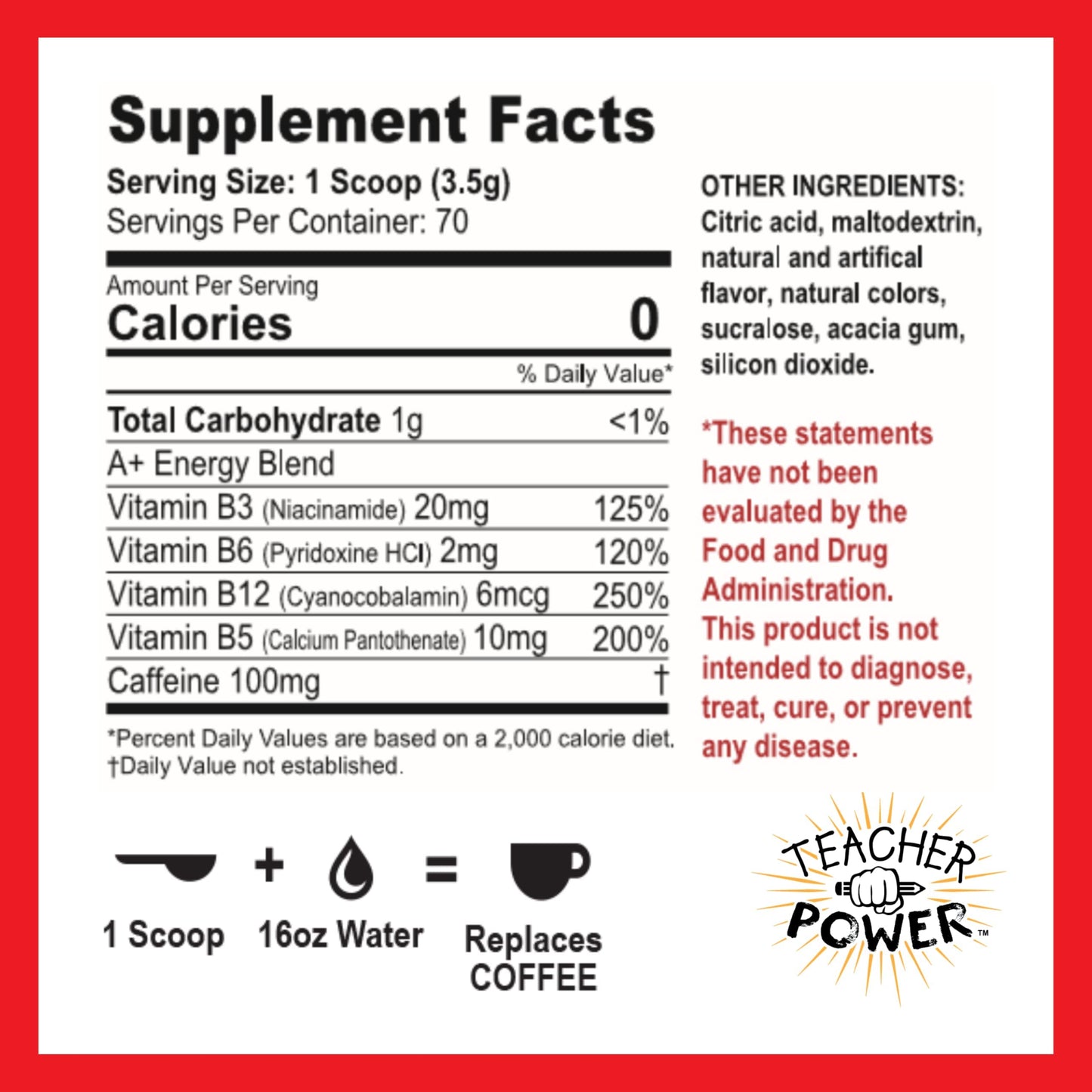 TEACHER POWER Sugar Free Energy Drink, Fruit Punch, 70 Servings, 246 Grams, 100mg Caffeine with B Vitamins