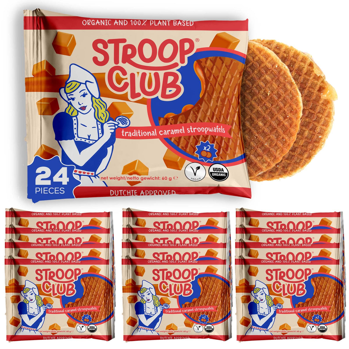 Stroop Club Traditional Organic Stroopwafel Caramel Treats | Vegan, Plant-Based and Dutch-Approved Indulgence - 24 Vegan Waffle 