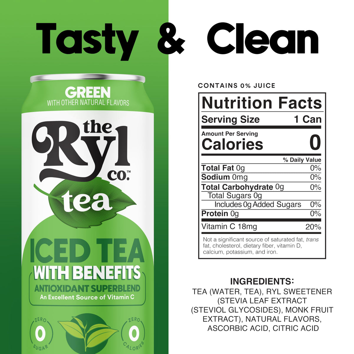 Ryl Iced Tea, Green, Antioxidant Superblend, Zero Sugar, Low Carb, Zero Calorie Iced Tea, 16.0 Fl Oz (12-Pack)