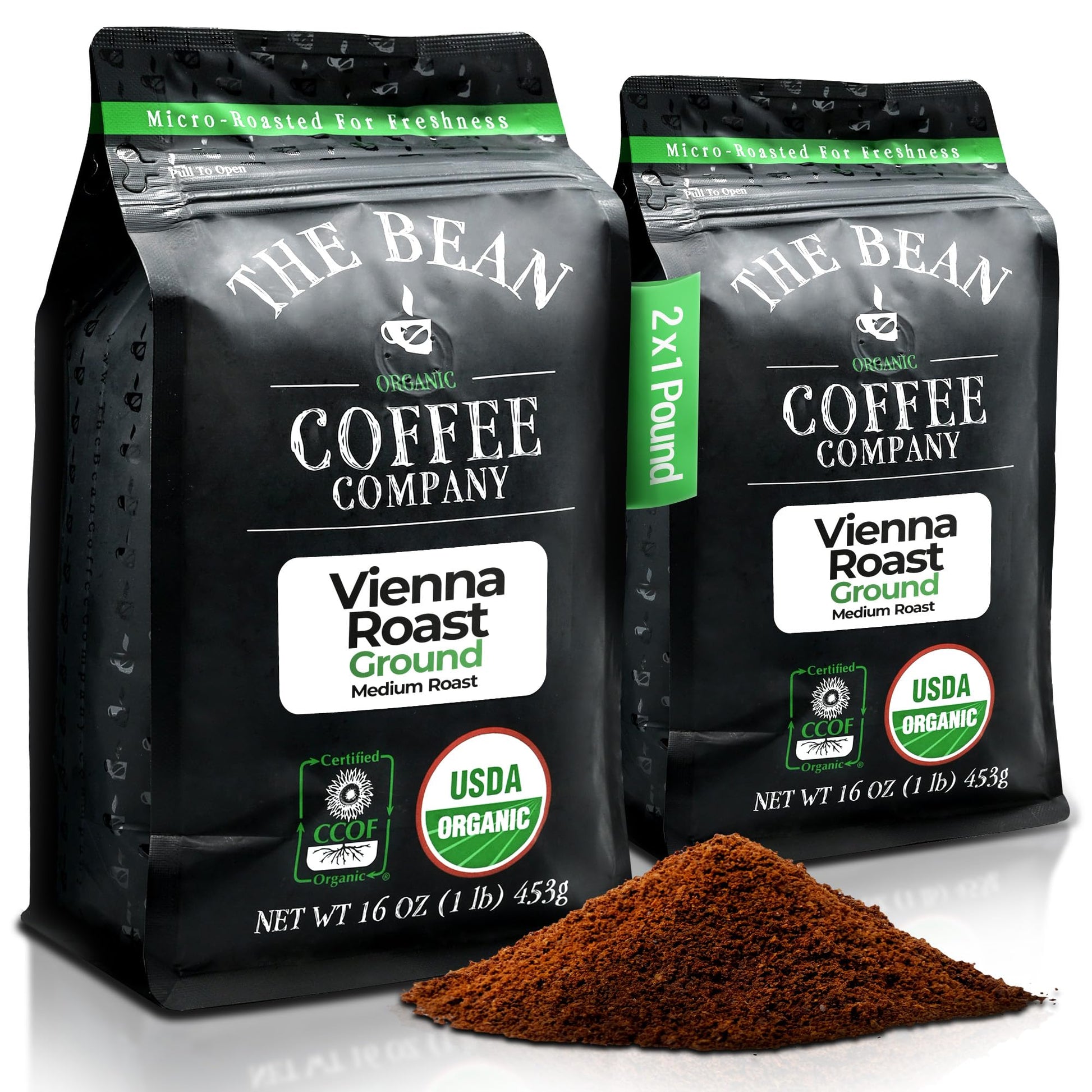 The Bean Organic Coffee Company Vienna Roast, Medium, Ground Coffee, 16-Ounce Bags (Pack of 2), Caf   molido tostado org  nico
