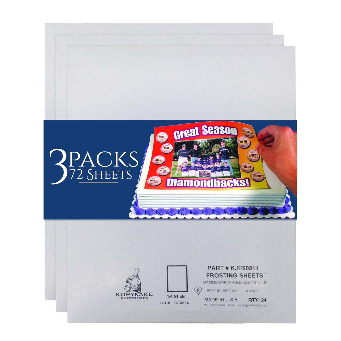 Kopykake Frosting Sheets - Top-Grade Edible Printable Sugar Icing Papers - Ideal For Personalized Cakes  Cookies  Cupcakes  & More - Kosher & Halal Certified - 1/4 Size (7.5  X 10 )  72 Sheets (3-Pack)