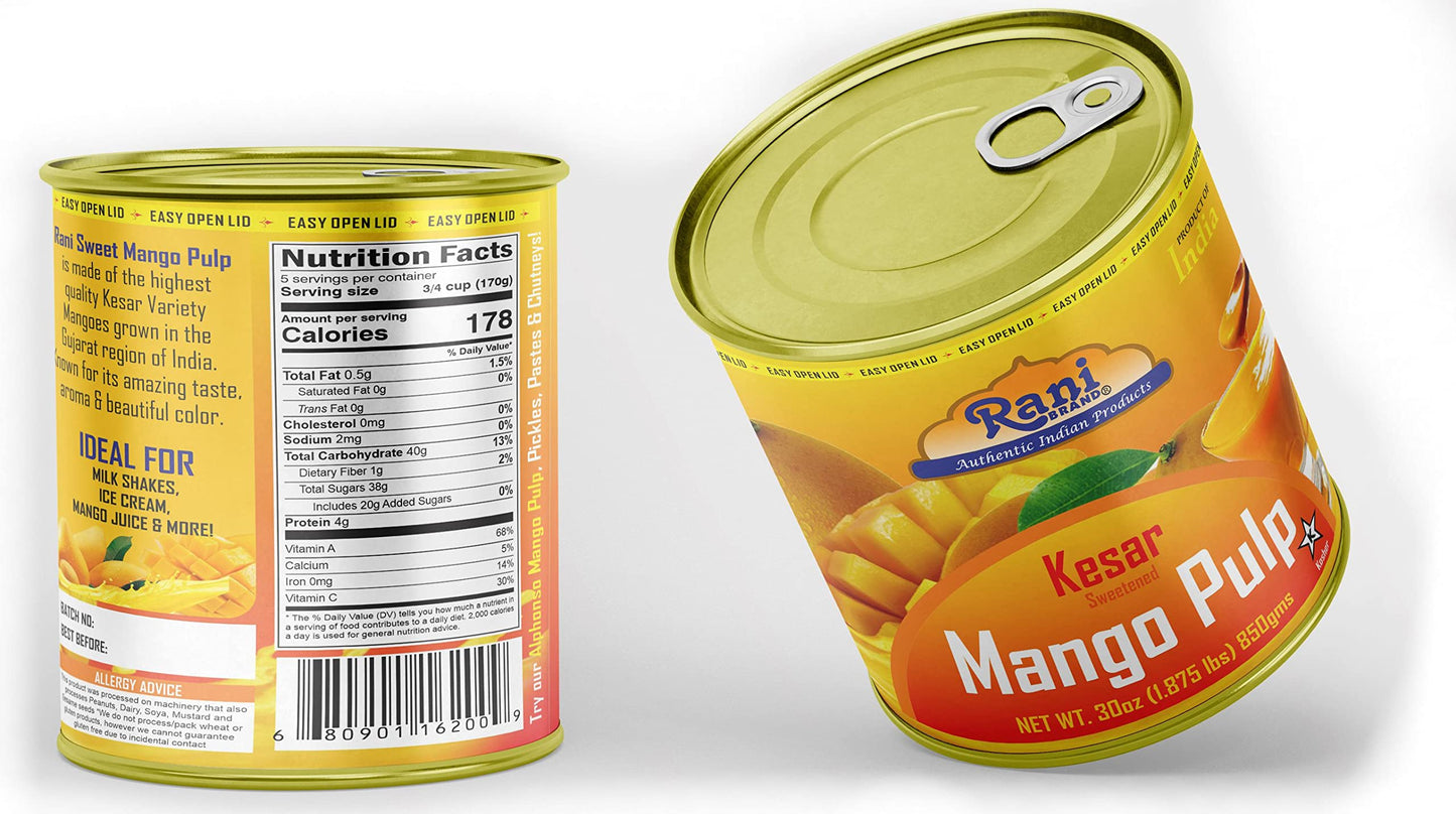 Rani Mango Pulp Puree (Makes Mango Lassi Shakes) Kesar Sweetened 30Oz (1.875Lbs) 850G ~ Kosher | All Natural | Non-Gmo | Vegan | No Colors | Gluten Friendly | Indian Origin