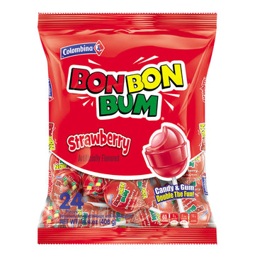 Colombina Bon Bon Bum Lollipops W/Bubble Gum Center, Strawberry Flavor, Individually Wrapped, Ideal For Party Favors And Gifts, 1 Pack (24 Count)