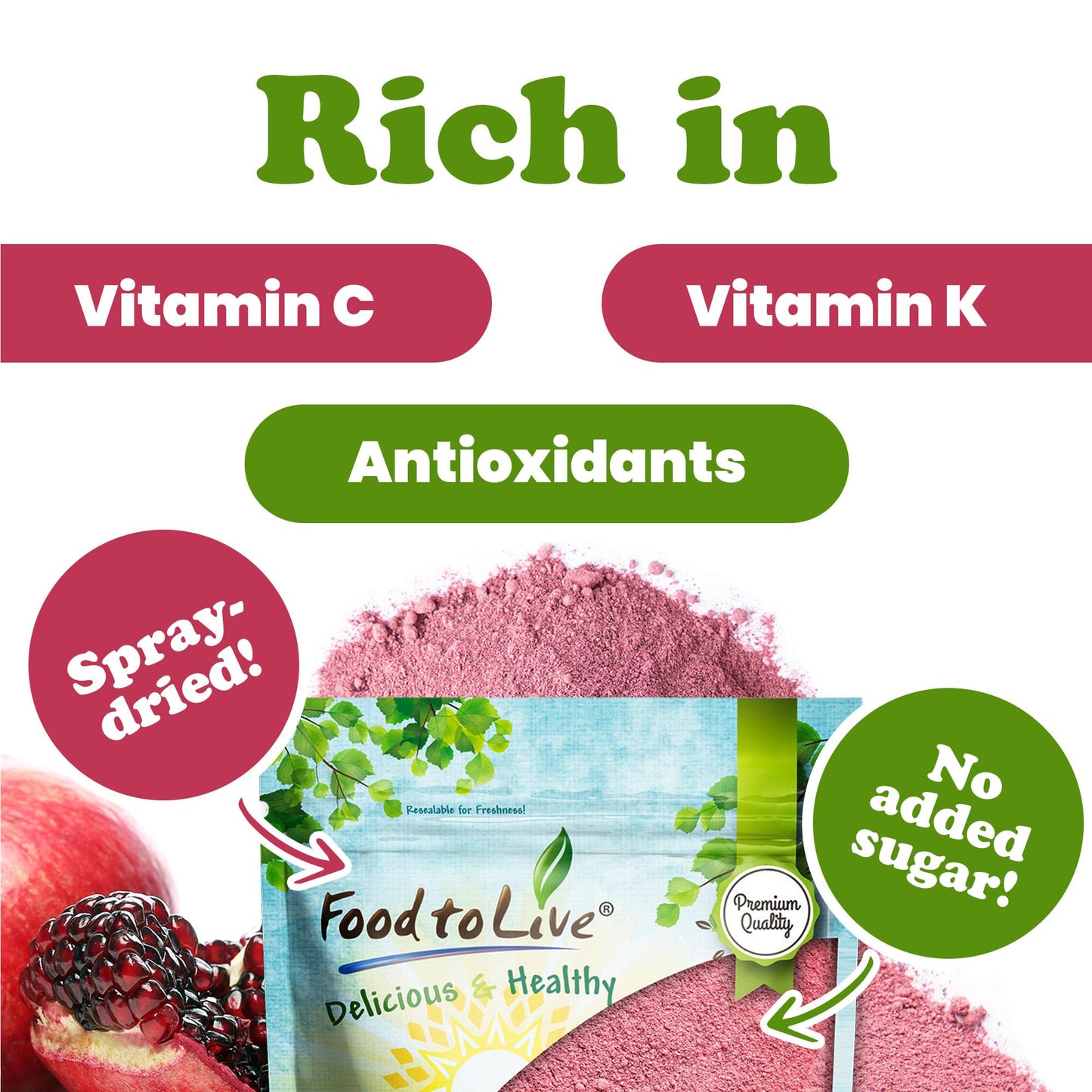 Food to Live Pomegranate Powder, 8 Ounces - 100% Natural Antioxidant, Rich Superfood for Smoothies, Baking and Juice, with real