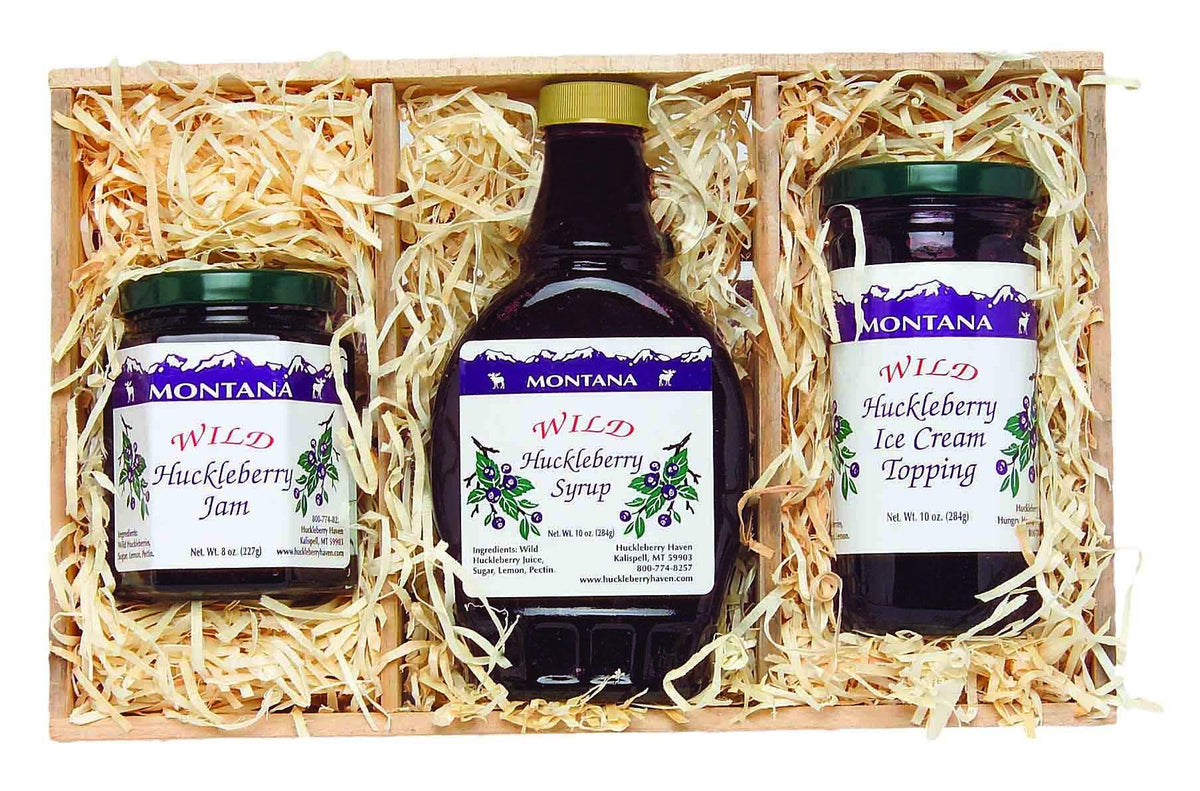 Montana Gift Crate: 10oz Huckleberry Syrup, 8oz Huckleberry Jam, 10oz Huckleberry Topping