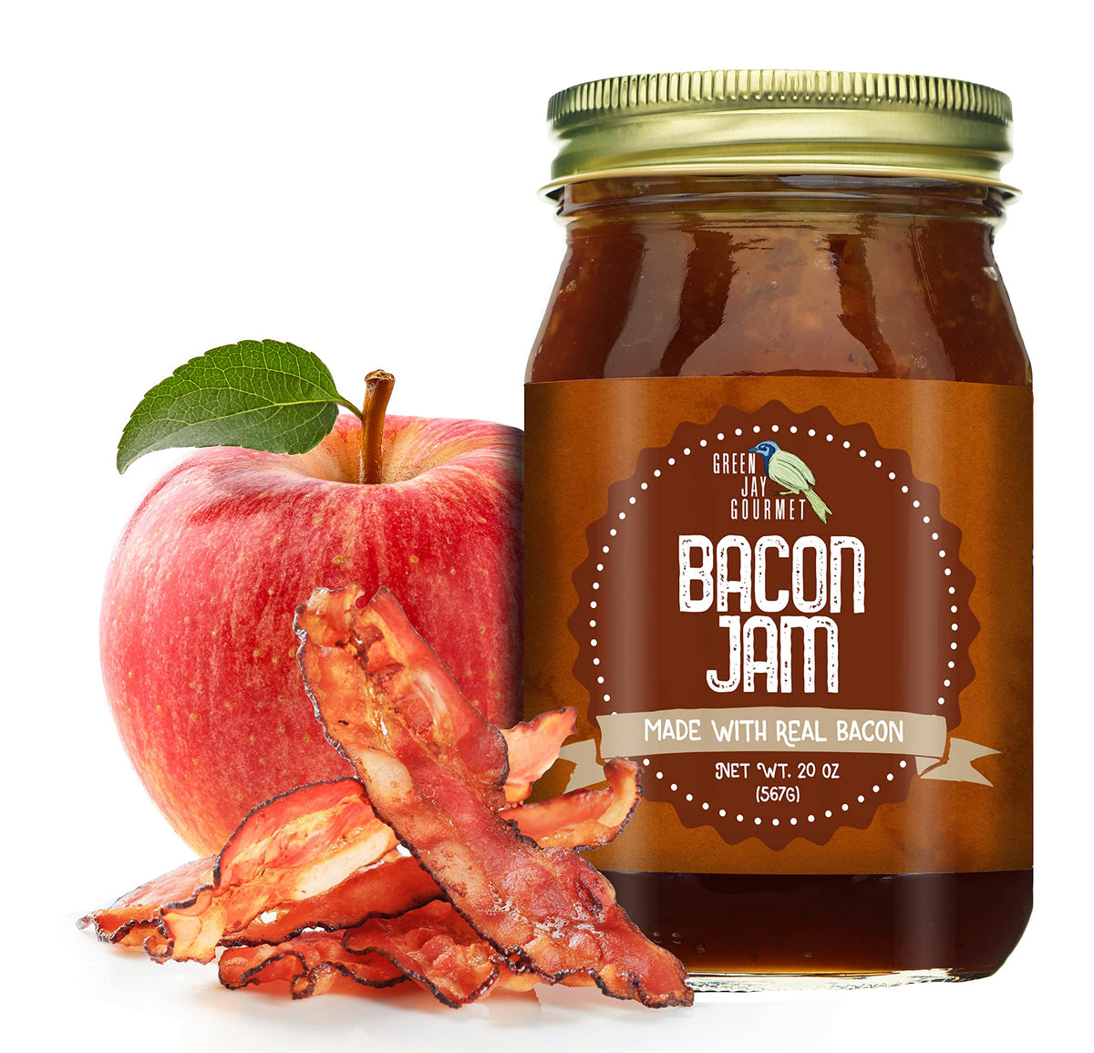 Green Jay Gourmet Bacon Jam - Classic Spread for Burgers  Sandwiches  Toast  Charcuterie - Sweet & Savory Flavoring for Meat Cuts  Poultry  Dressing - Zero Trans Fat  No MSG  Gluten-Free - 20 Ounces