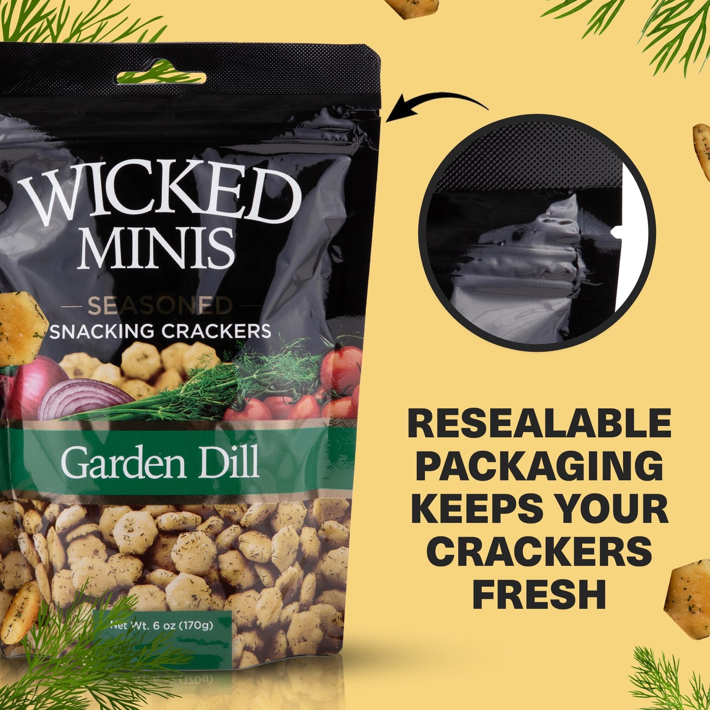 Wicked Minis Soup & Oyster  Ers - Saltine & Salted Flavored Mini Puffed Soup, Savory Snacking Mix, Seasoned Croutons Salad Toppers,  Ers For Chili 6Oz (Garden Dill, Pack Of 3)
