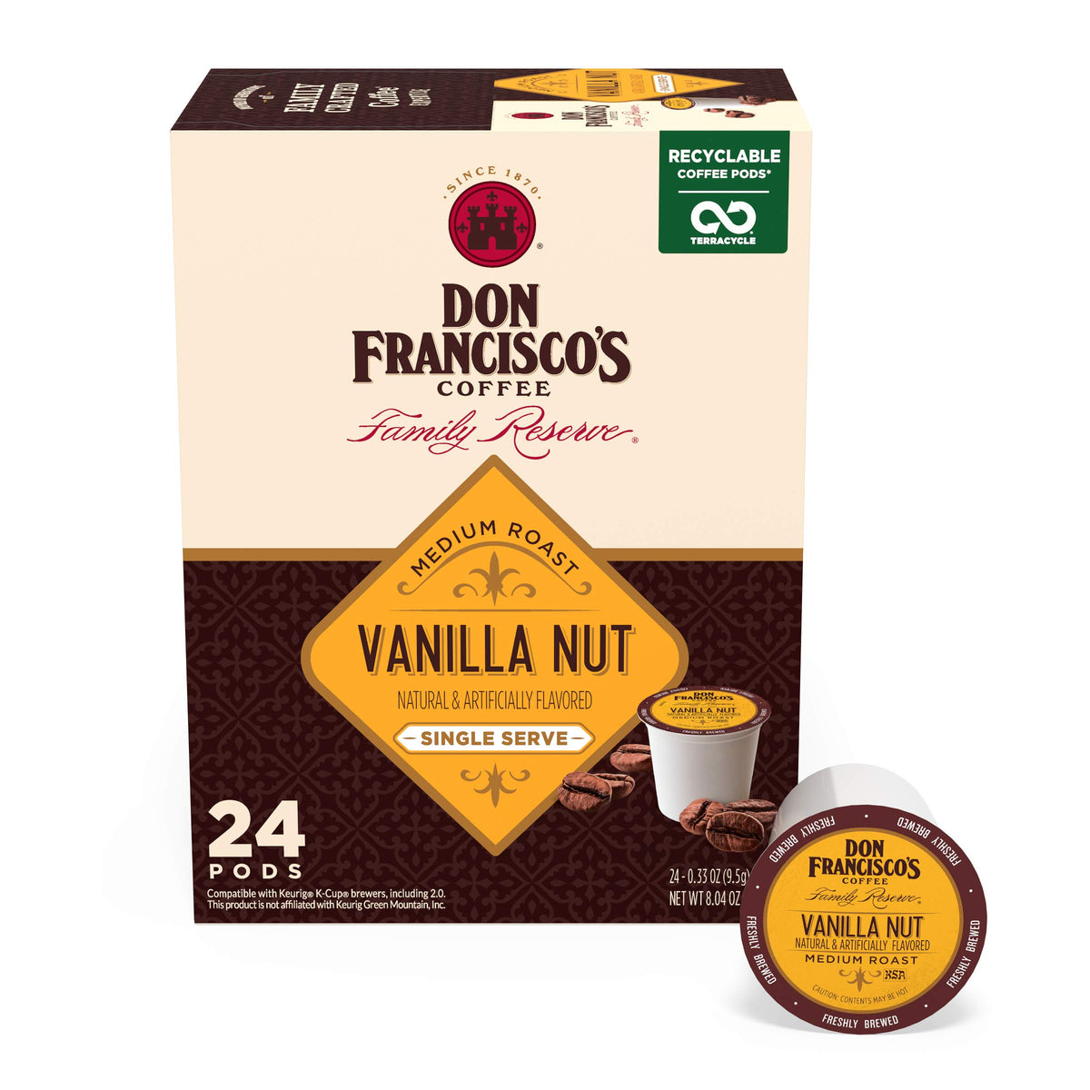 Don Francisco'S Vanilla Nut Flavored Medium Roast Coffee Pods - 24 Count - Recyclable Single-Serve Coffee Pods, Compatible With