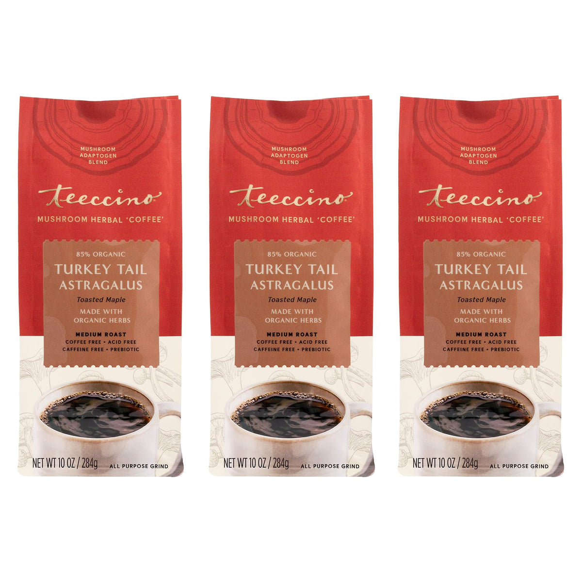Teeccino Herbal Mushroom Coffee Alternative, Toasted Maple, Caffeine Free, 10 Oz, Pack of 3