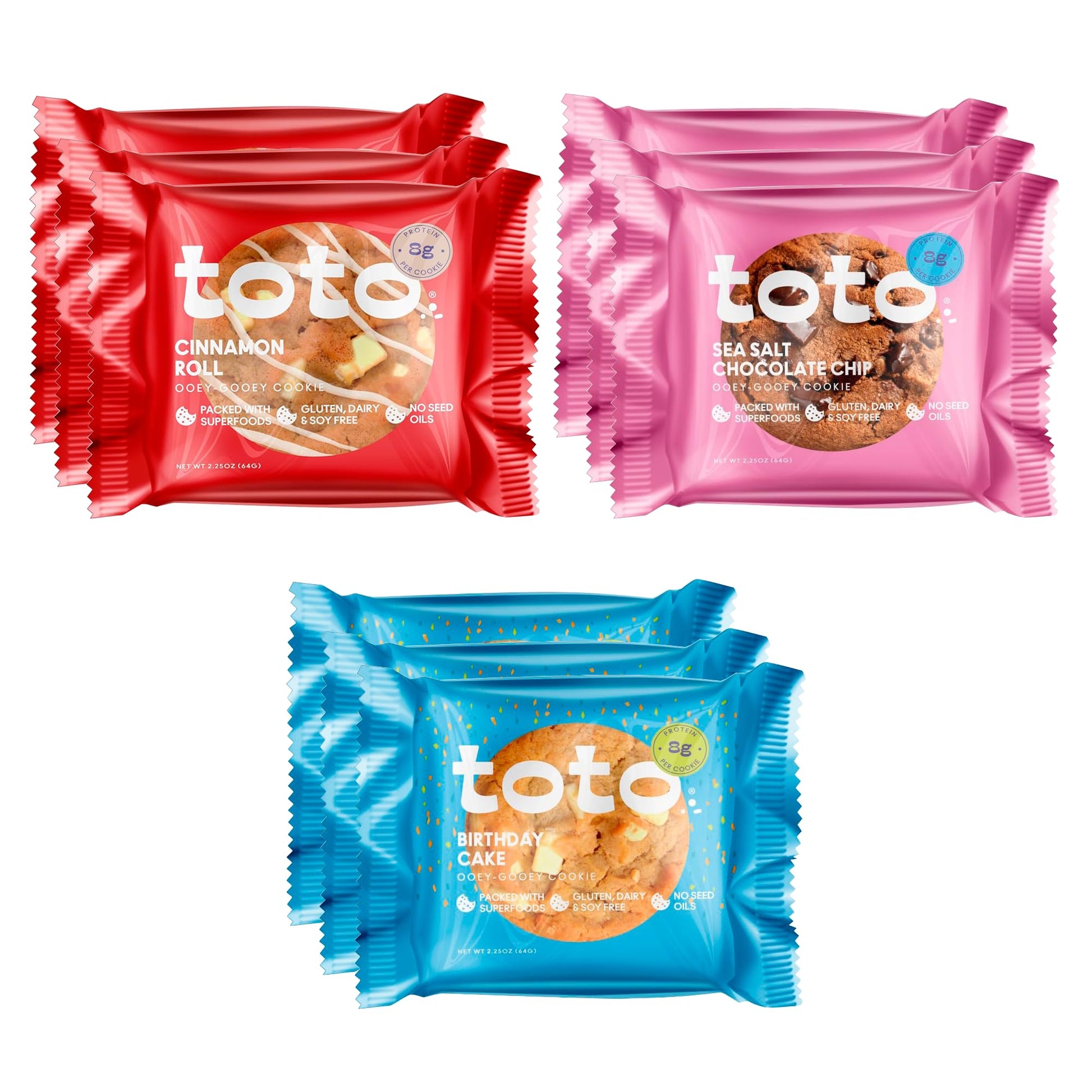 Kgf - Variety Pack Toto Gluten-Free Gooey Cookie  3 Cinnamon Roll  3 Sea Salt Chocolate Chip  3 Birthday Cake  Pack Of 9