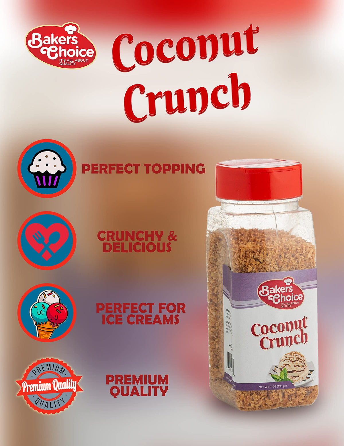 Coconut Crunch Topping - Coconut Sprinkles For Ice Cream Sundae Toppings - 7 Ounce - Dairy Free, Kosher - Baker’S Choice