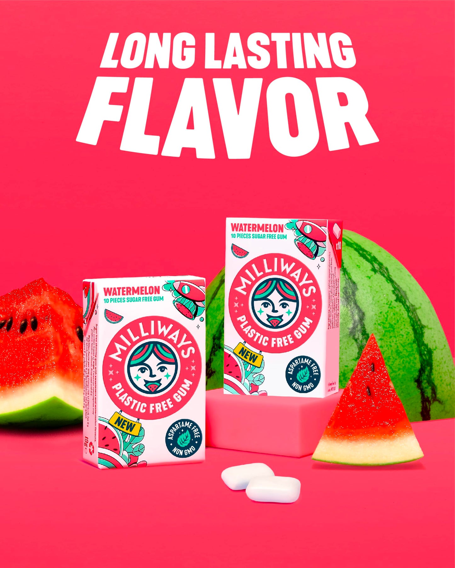 Milliways Watermelon | Plastic Free Gum | Xylitol, Aspartame-Free, Sugar-Free, Plant-Based, Natural Chewing Gum | 120 Pieces Tot